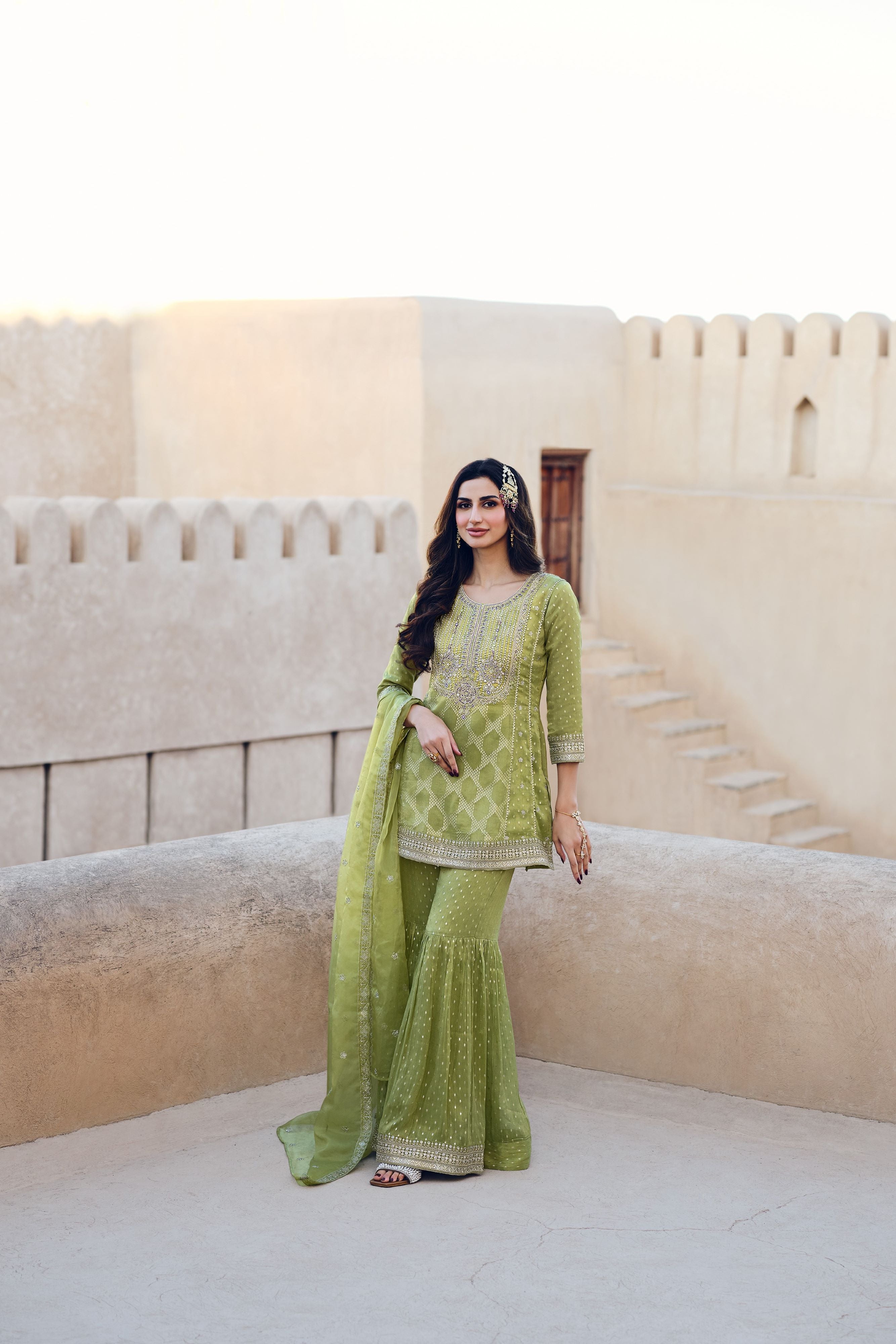 French Green Tissue Silk Sharara Set