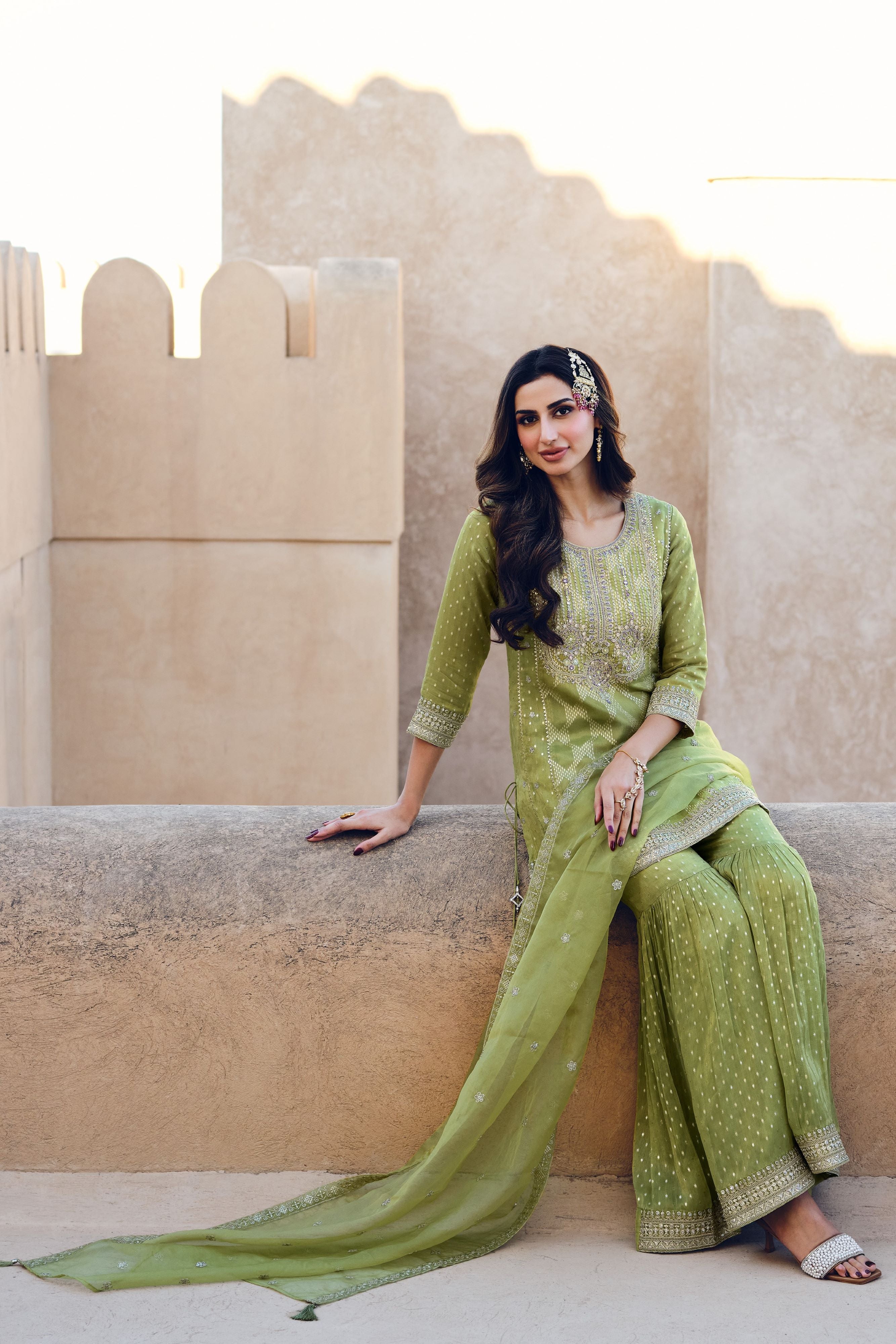 French Green Tissue Silk Sharara Set