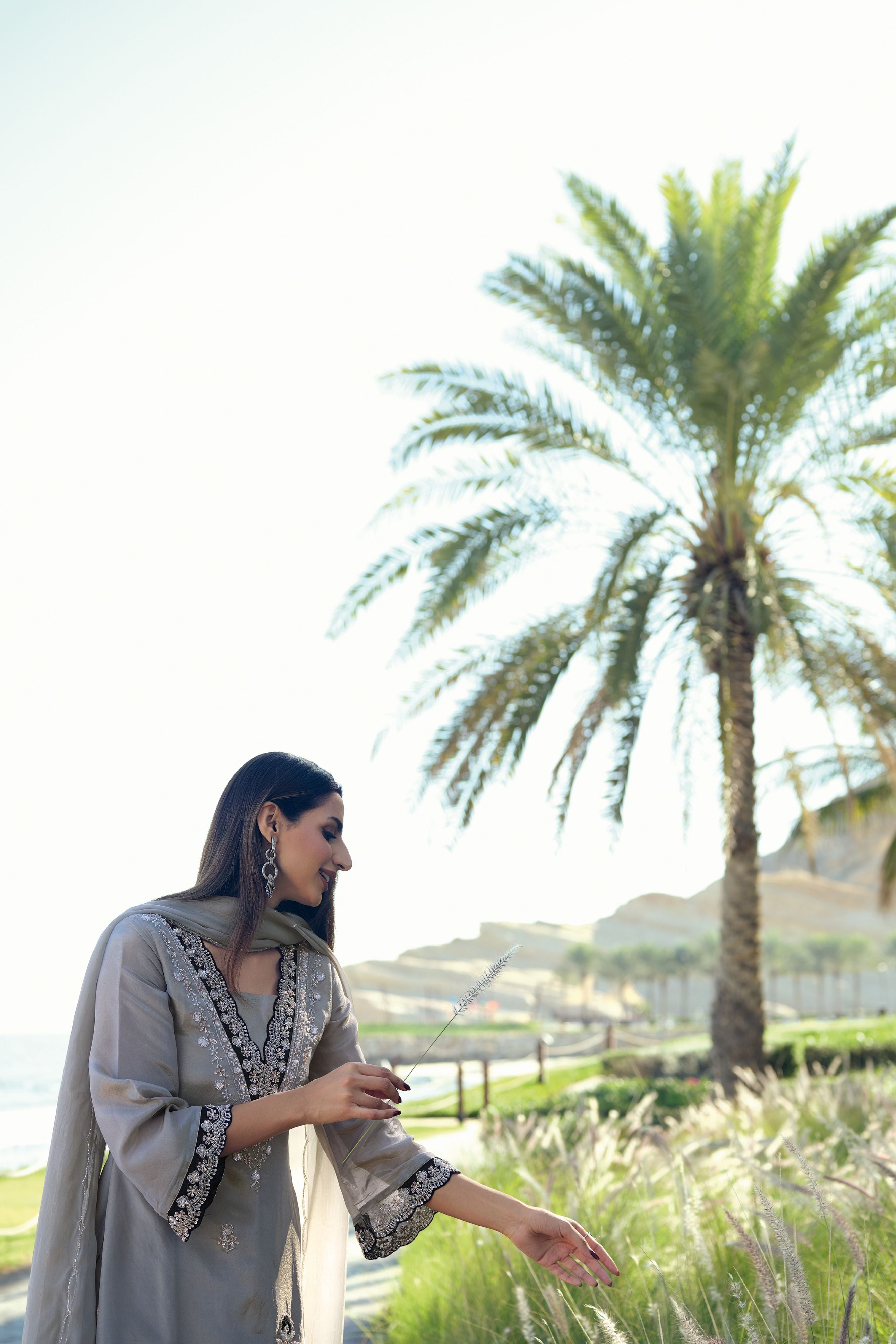 Slate Grey Crepe Silk Pants Set