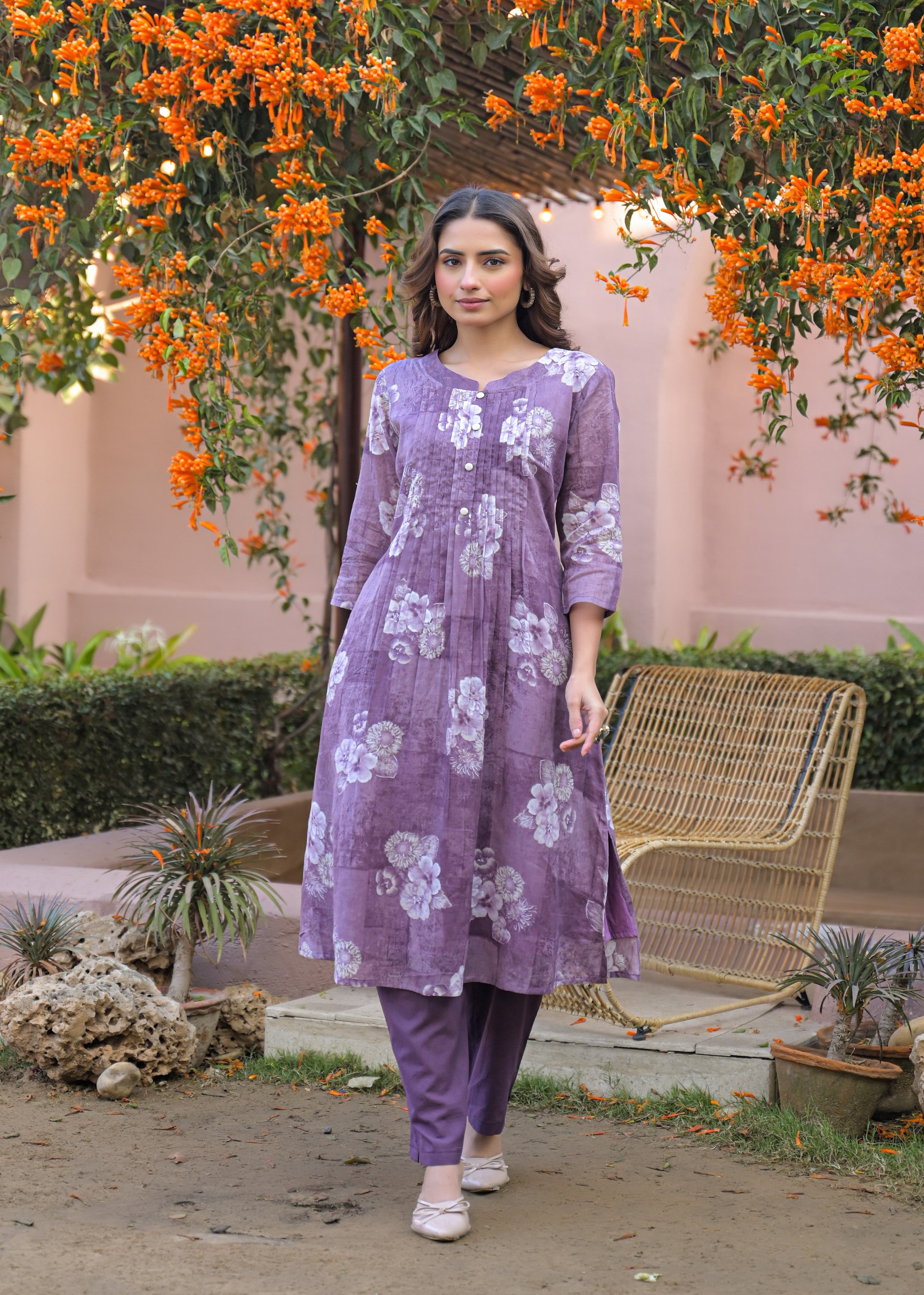 Dusty Mauve Floral Printed Cotton Kurta Set