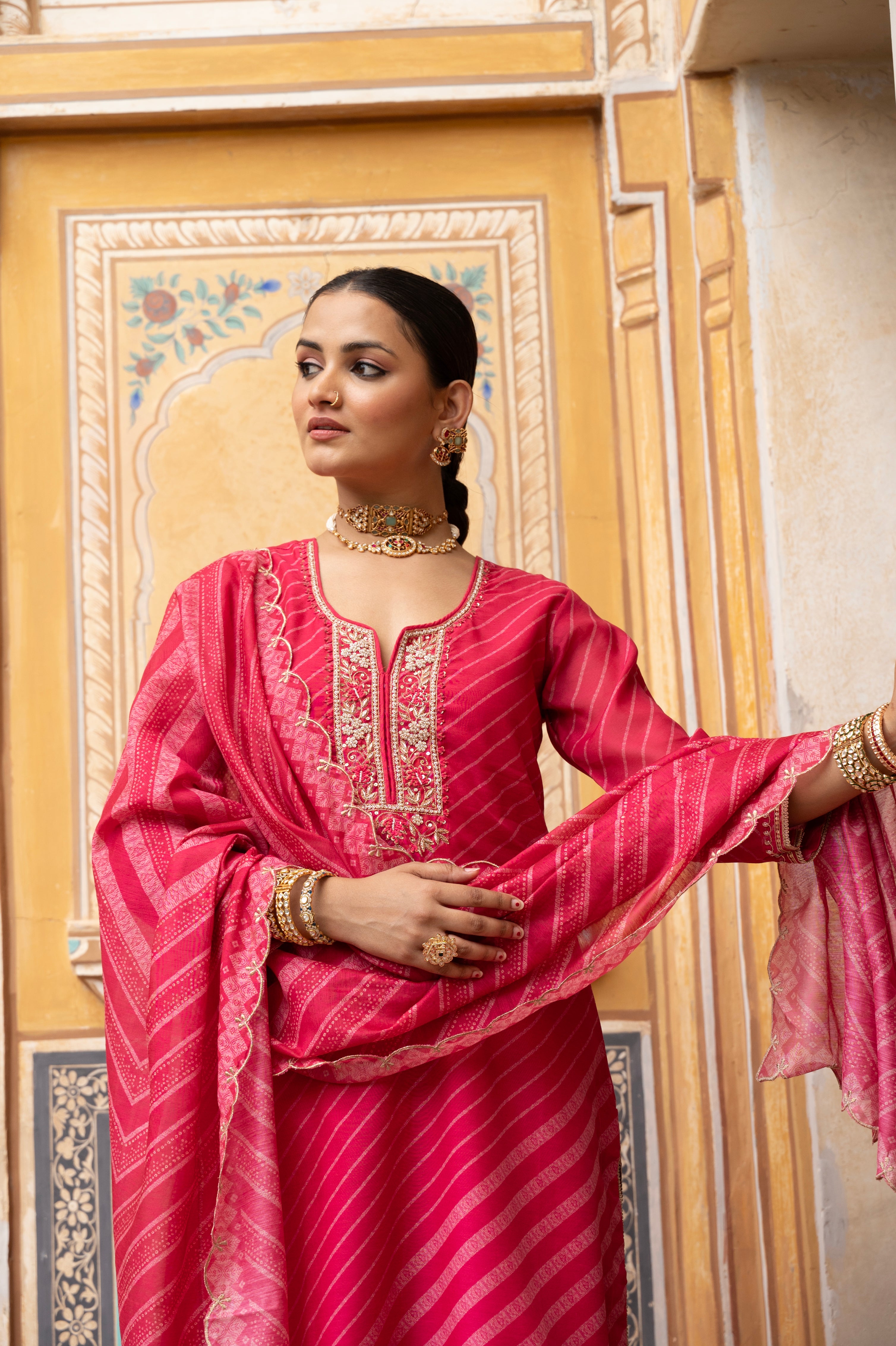 Coral Pink Embellished Chanderi Silk Pant Set