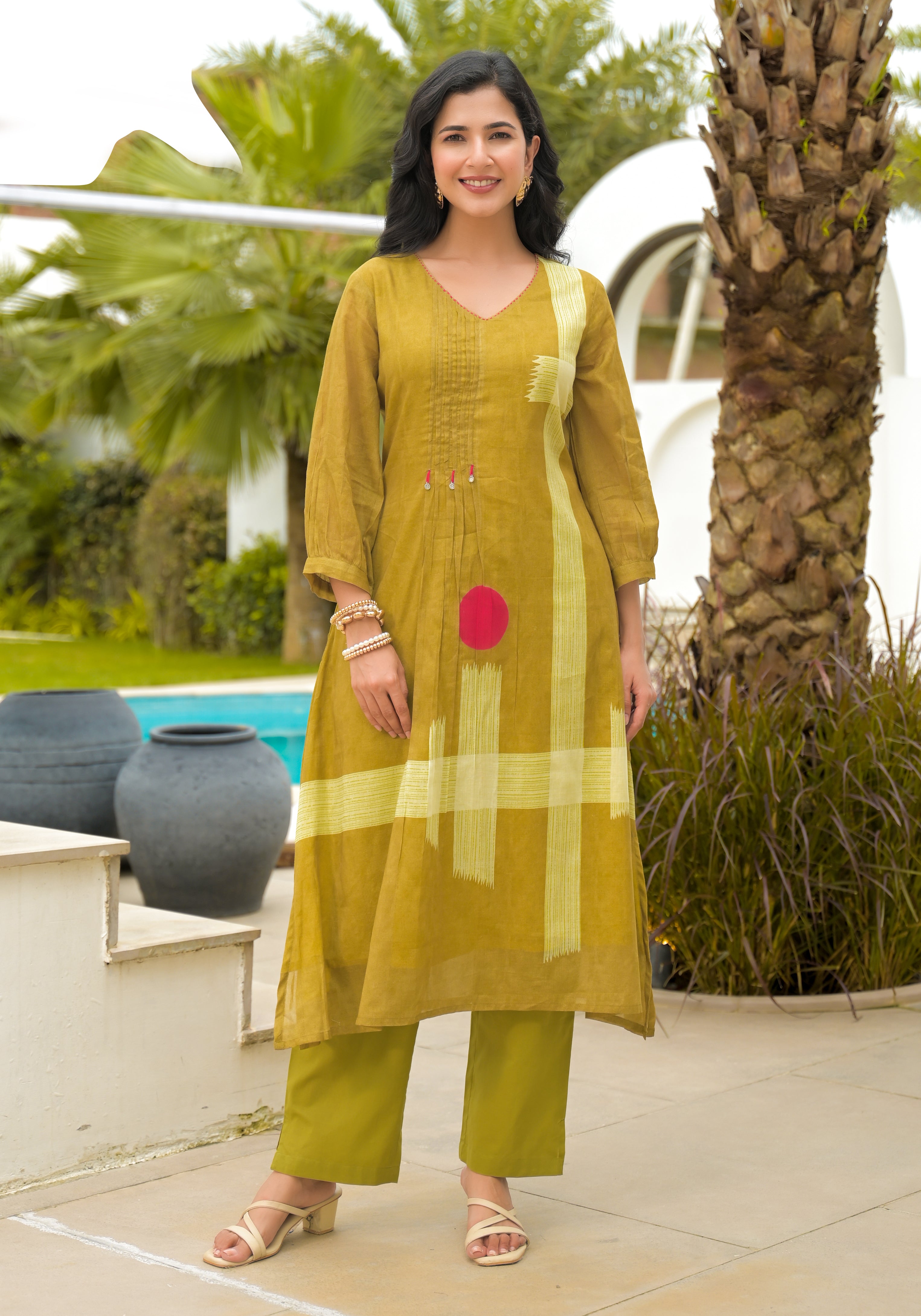 Olive Green Geometric Printed Cotton Kurta Set