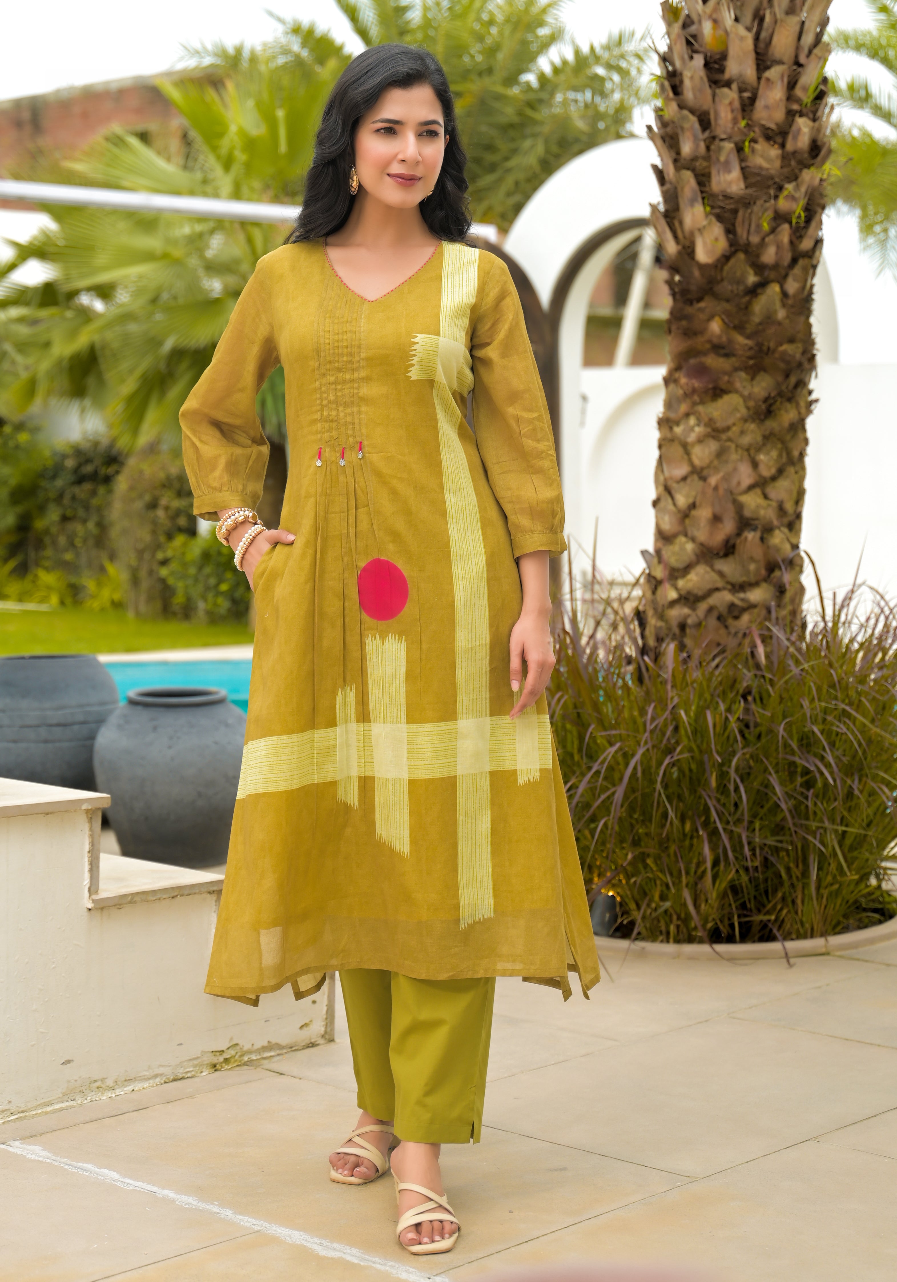 Olive Green Geometric Printed Cotton Kurta Set