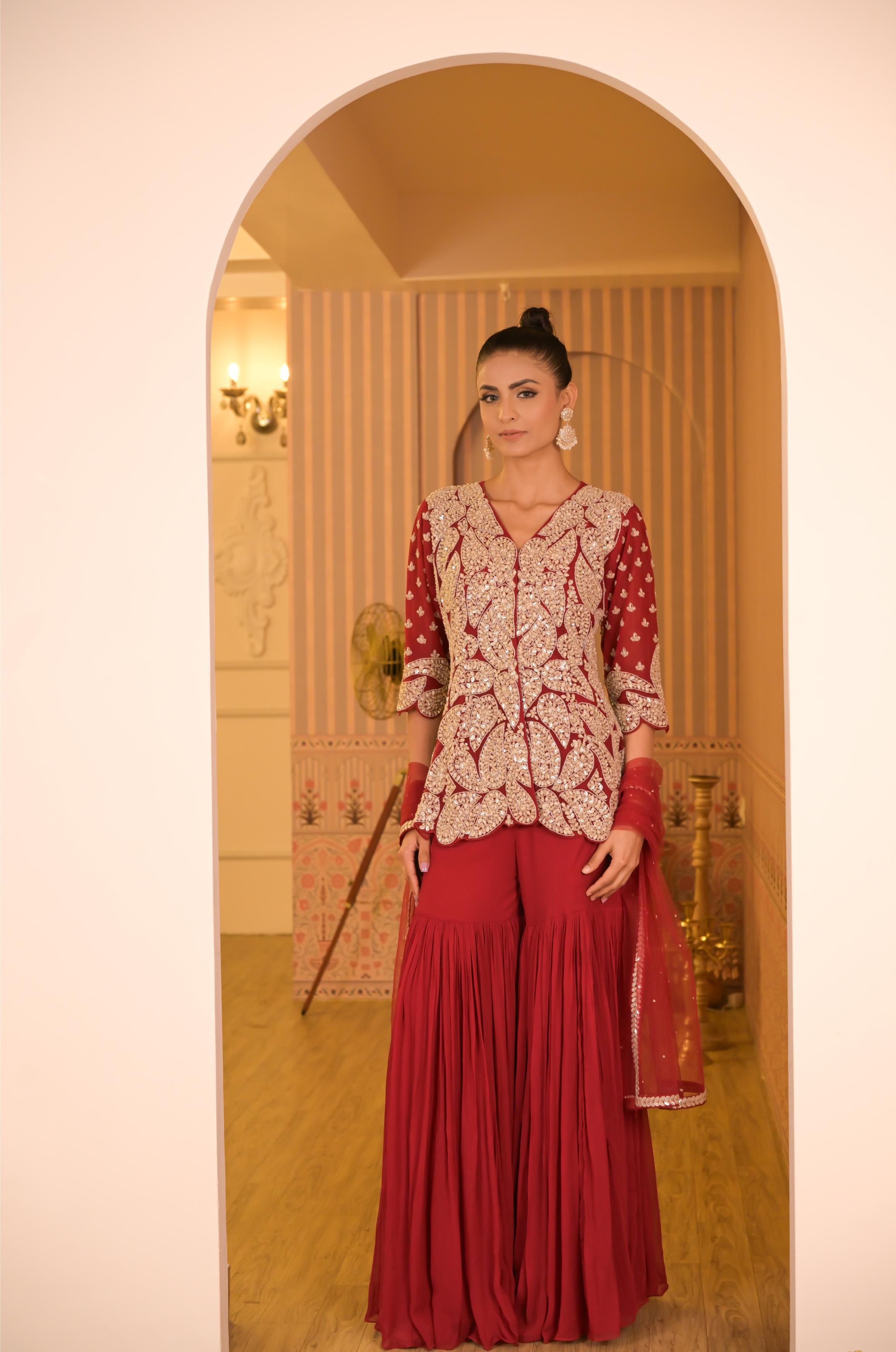 Red Embellished Georgette Silk Sharara Set