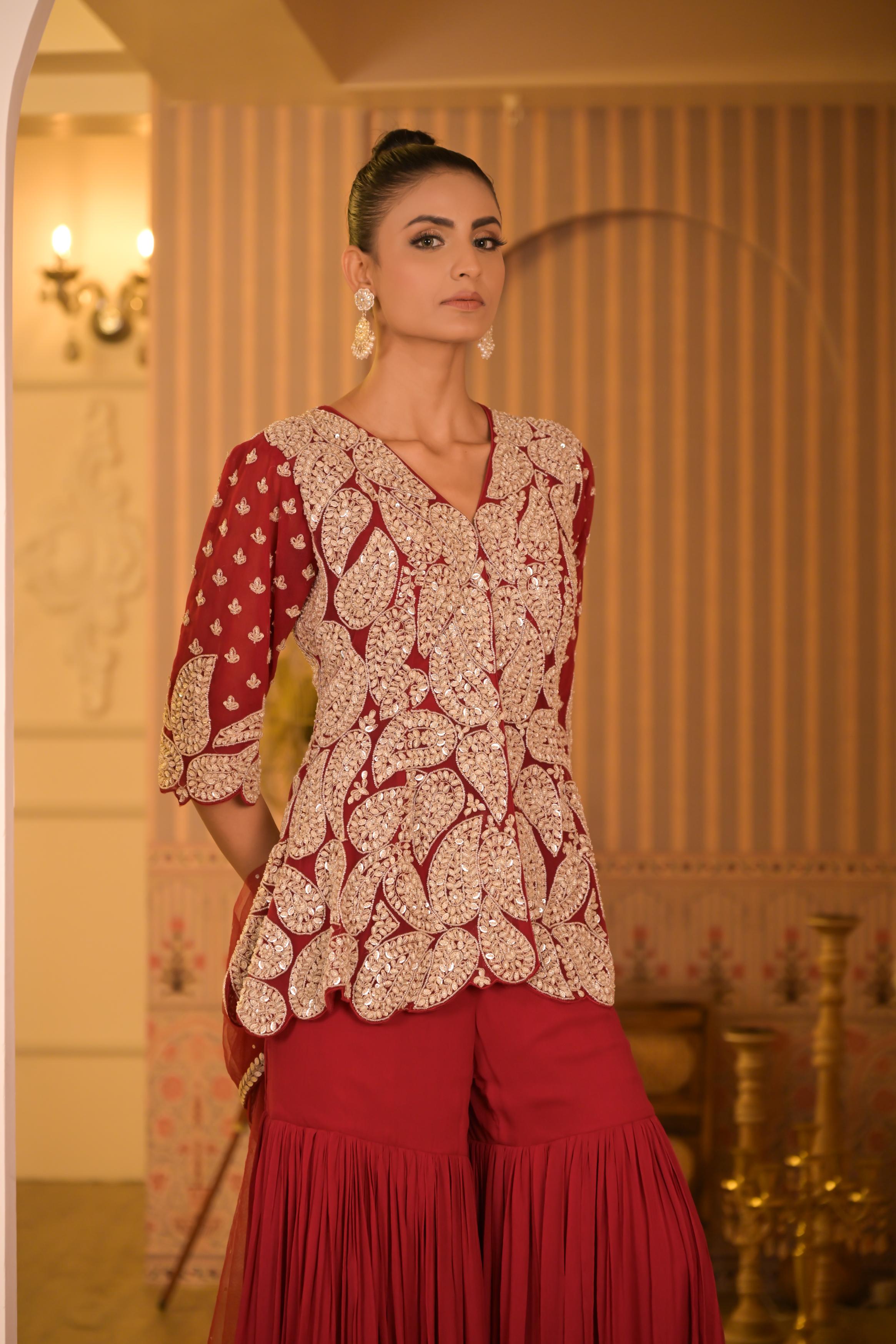 Red Embellished Georgette Silk Sharara Set