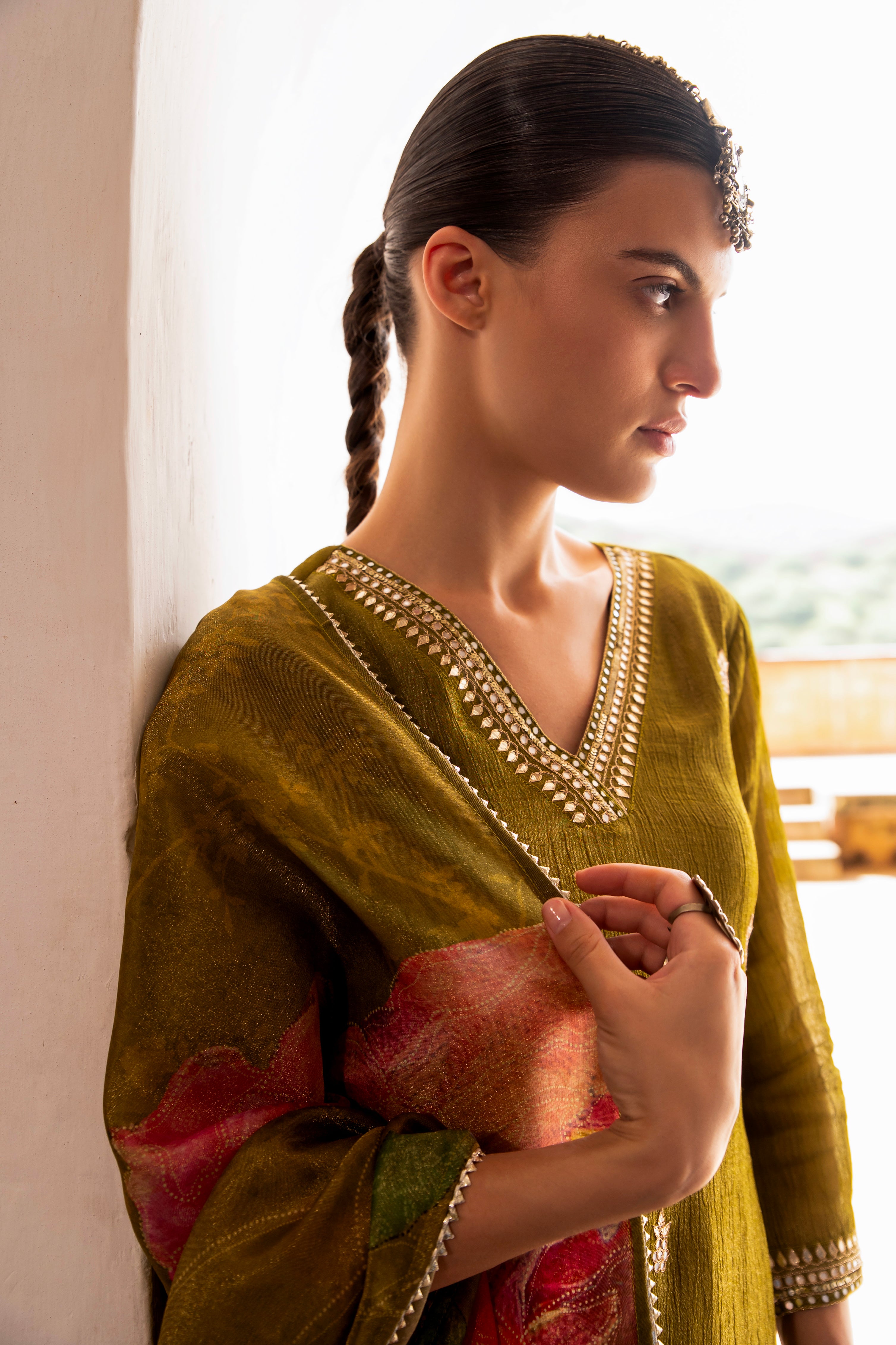 Olive Green Embellished Crushed Tissue Silk Pant Set