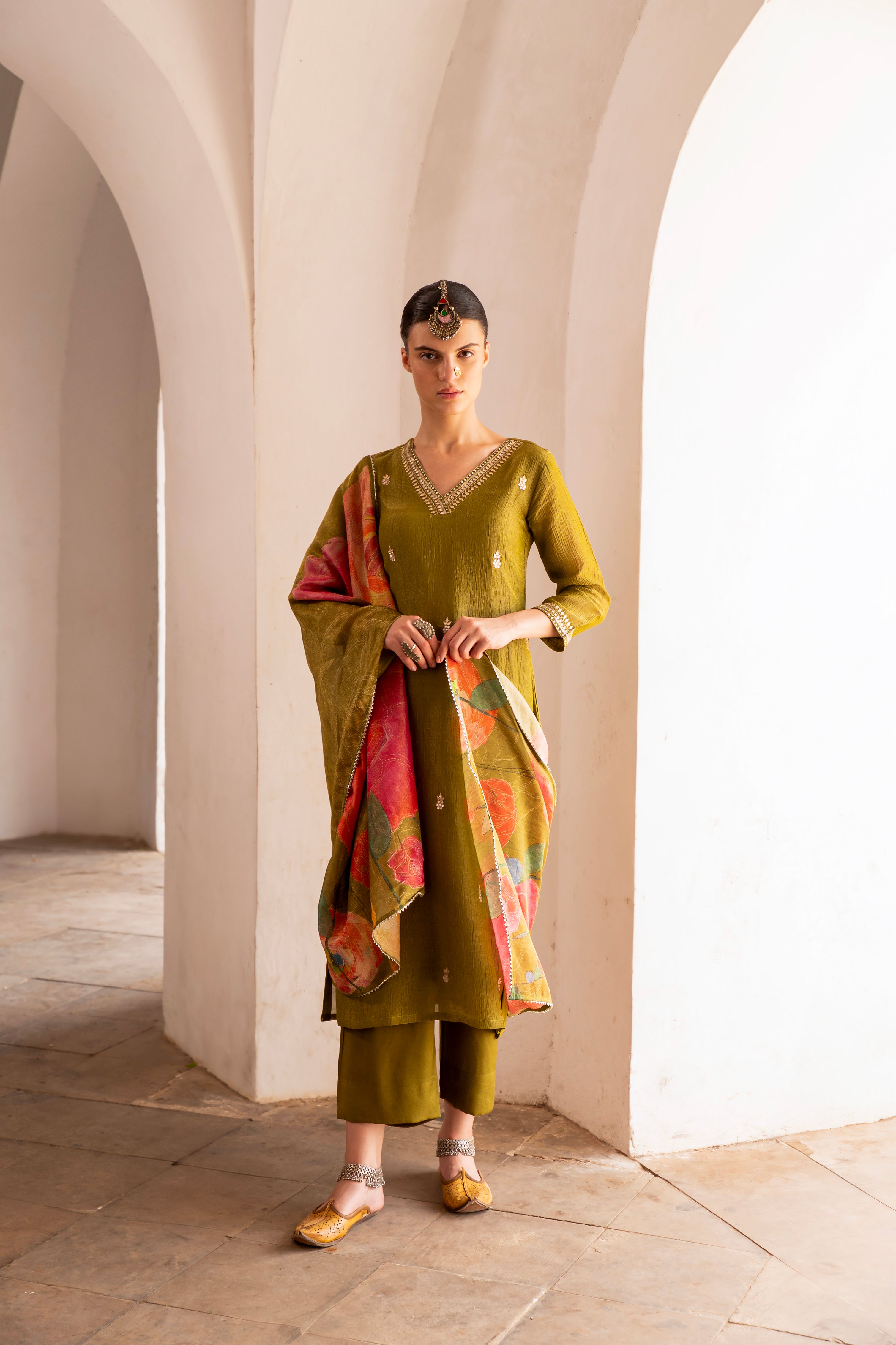 Olive Green Embellished Crushed Tissue Silk Pant Set