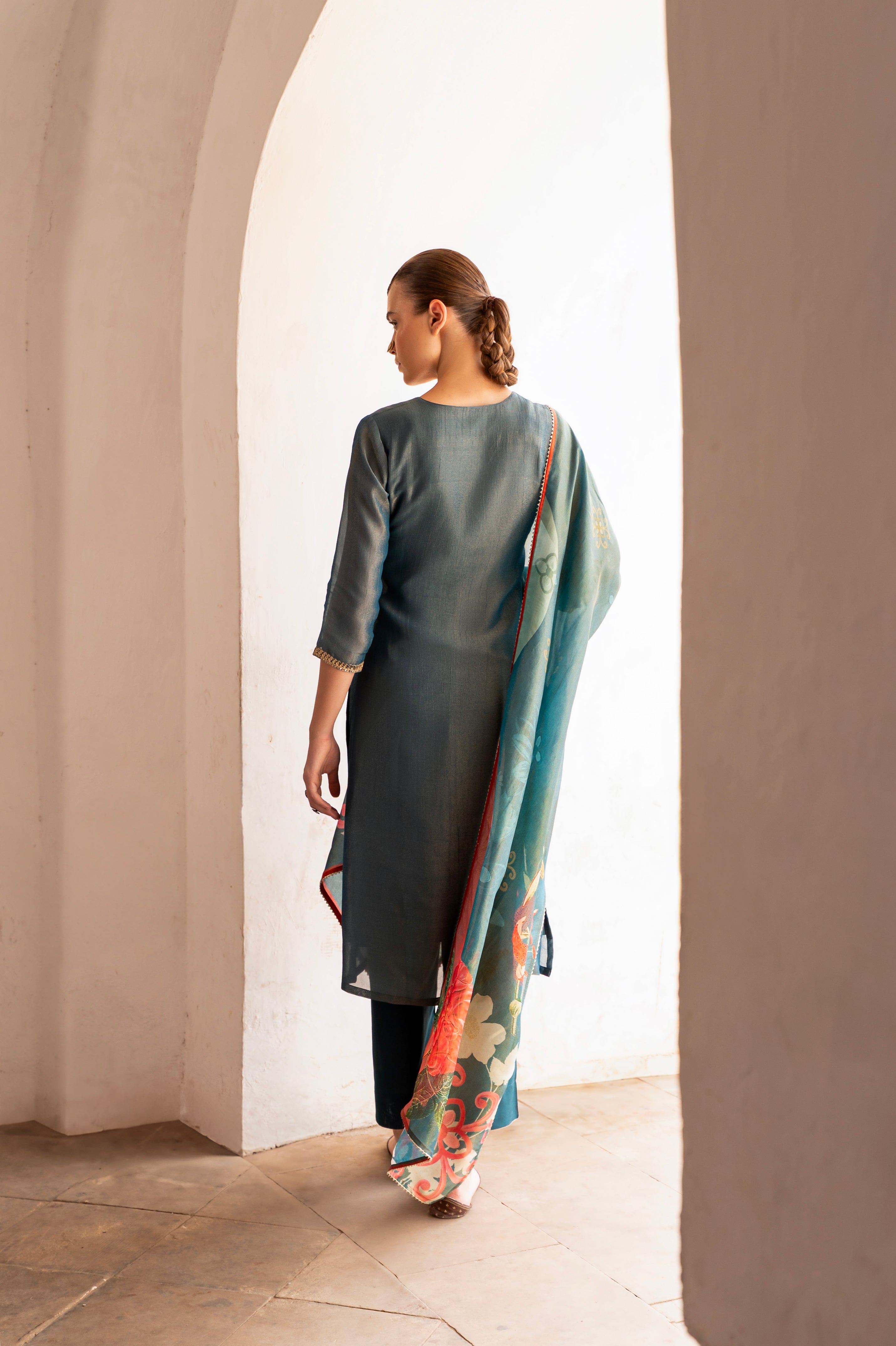 Teal Blue Embellished Crushed Tissue Silk Pant Set