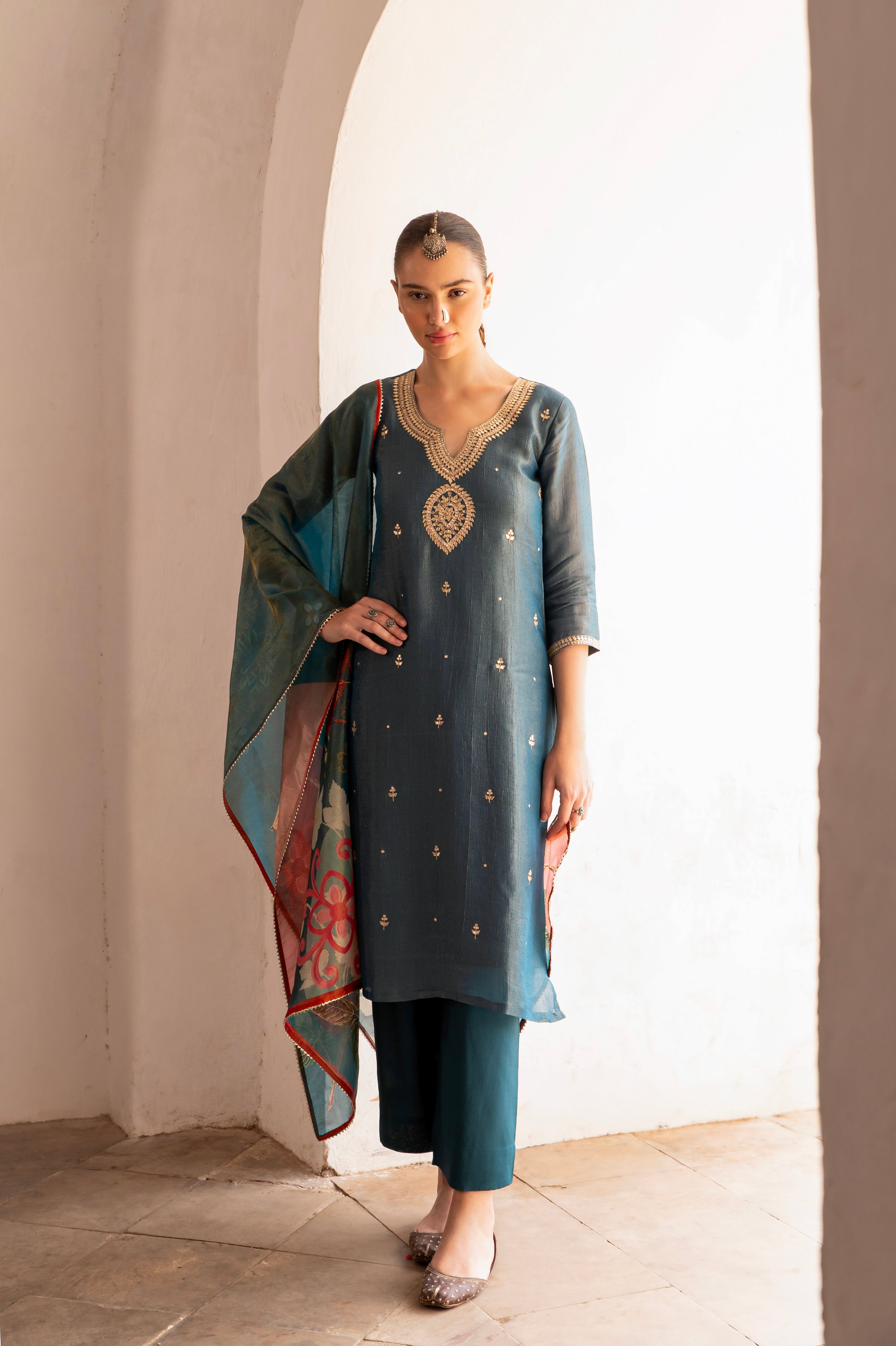 Teal Blue Embellished Crushed Tissue Silk Pant Set