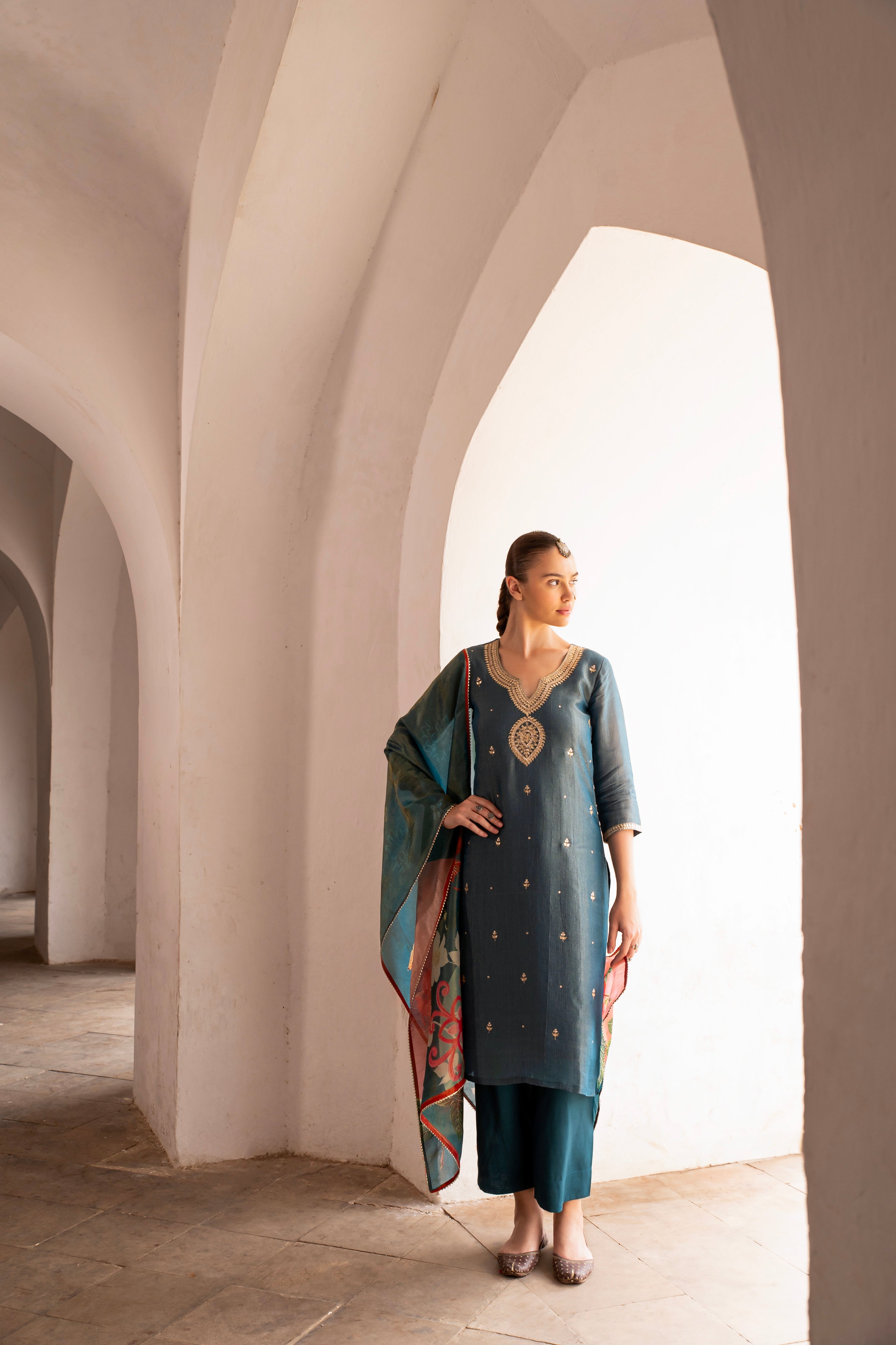 Teal Blue Embellished Crushed Tissue Silk Pant Set