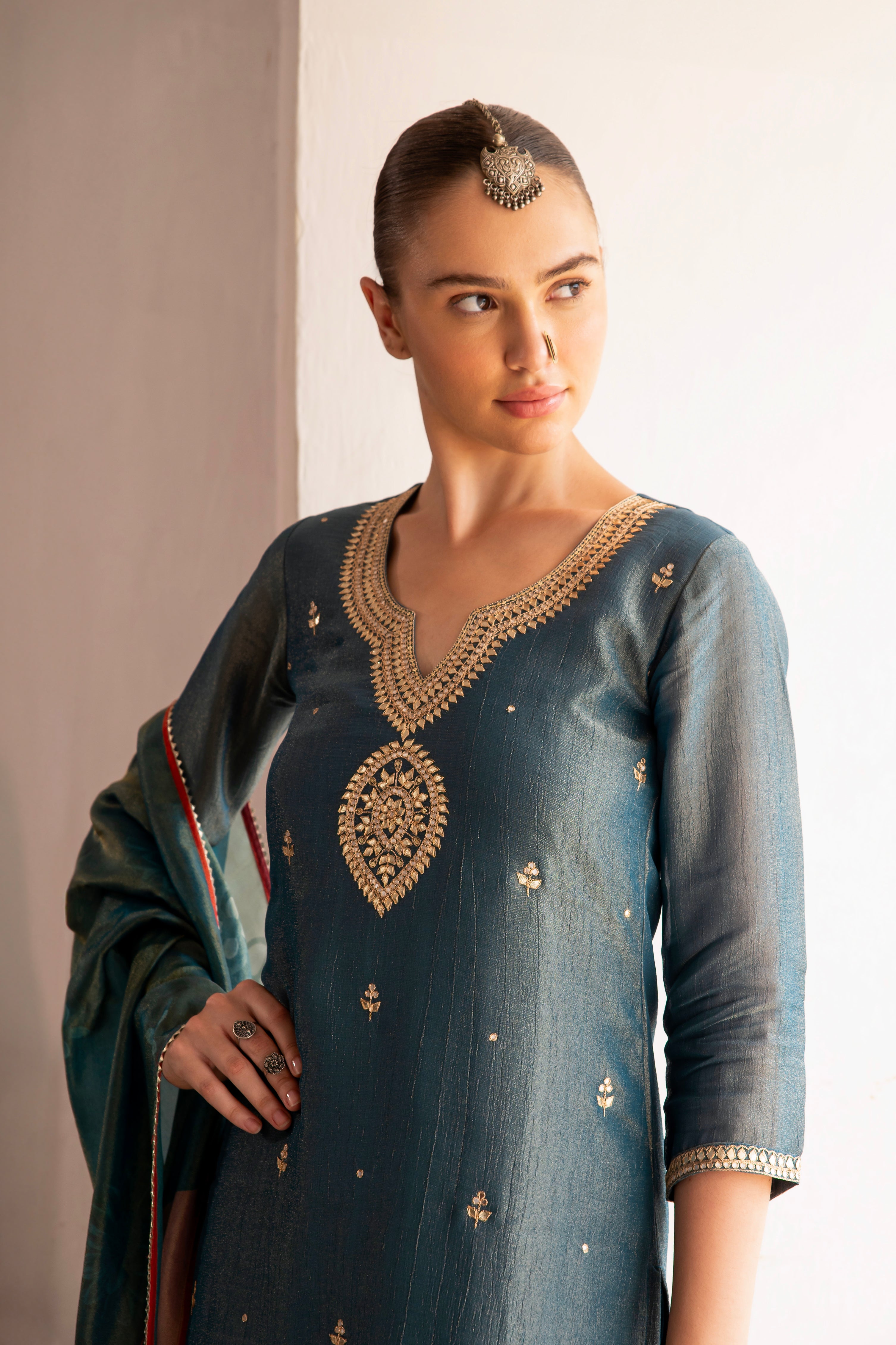 Teal Blue Embellished Crushed Tissue Silk Pant Set