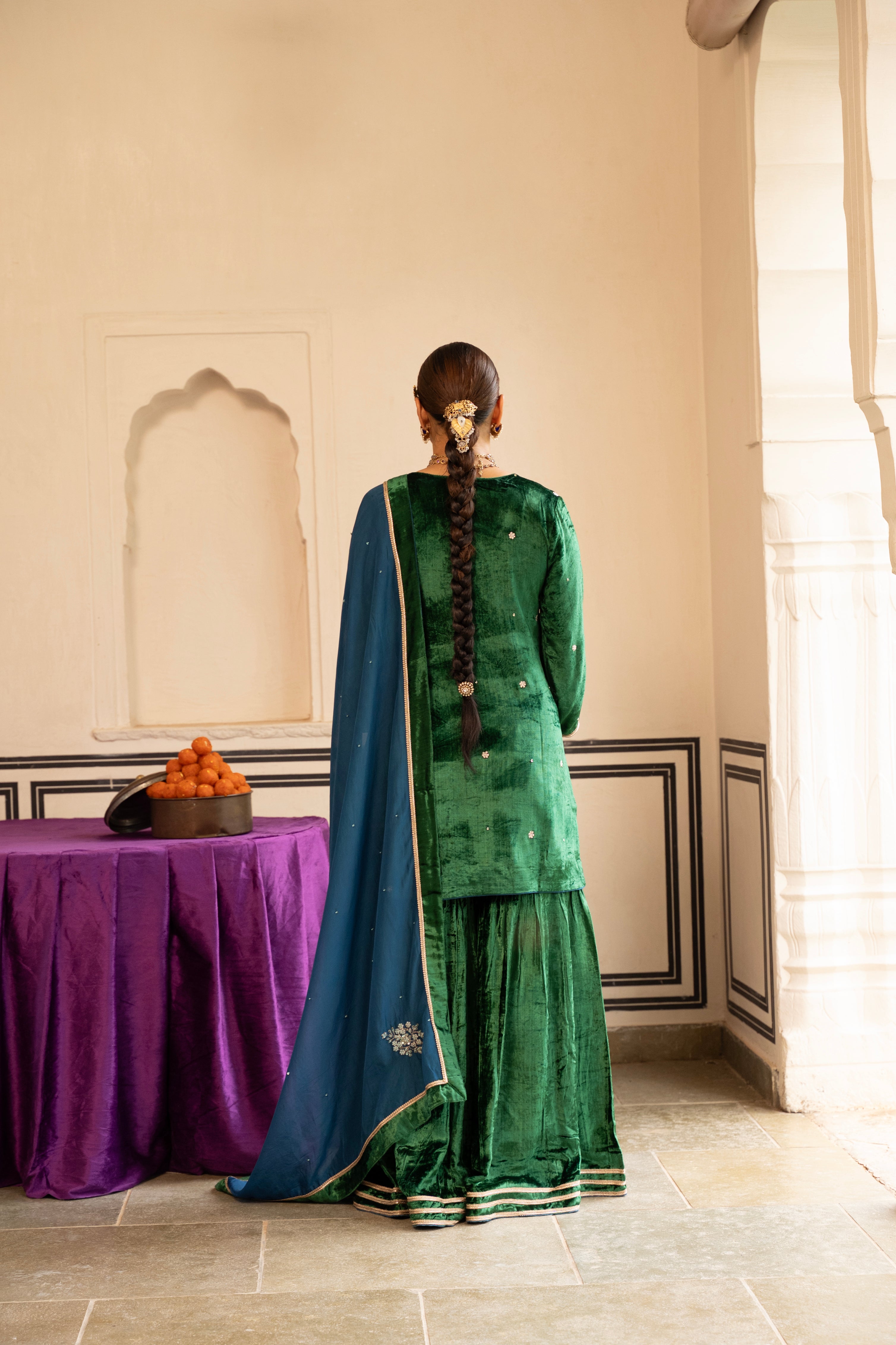 Emerald Green Embellished Premium Velvet Sharara Set