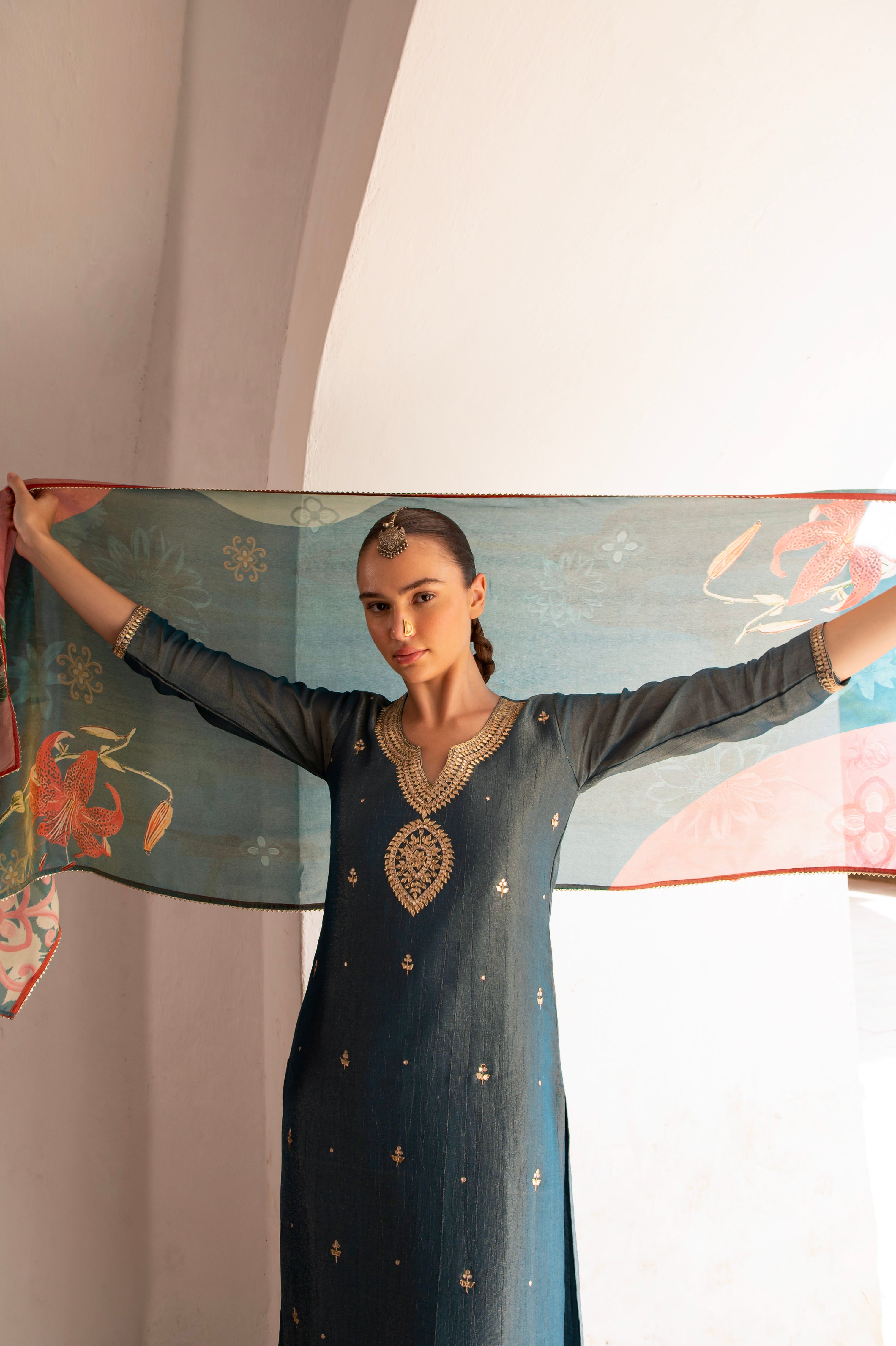 Teal Blue Embellished Crushed Tissue Silk Pant Set