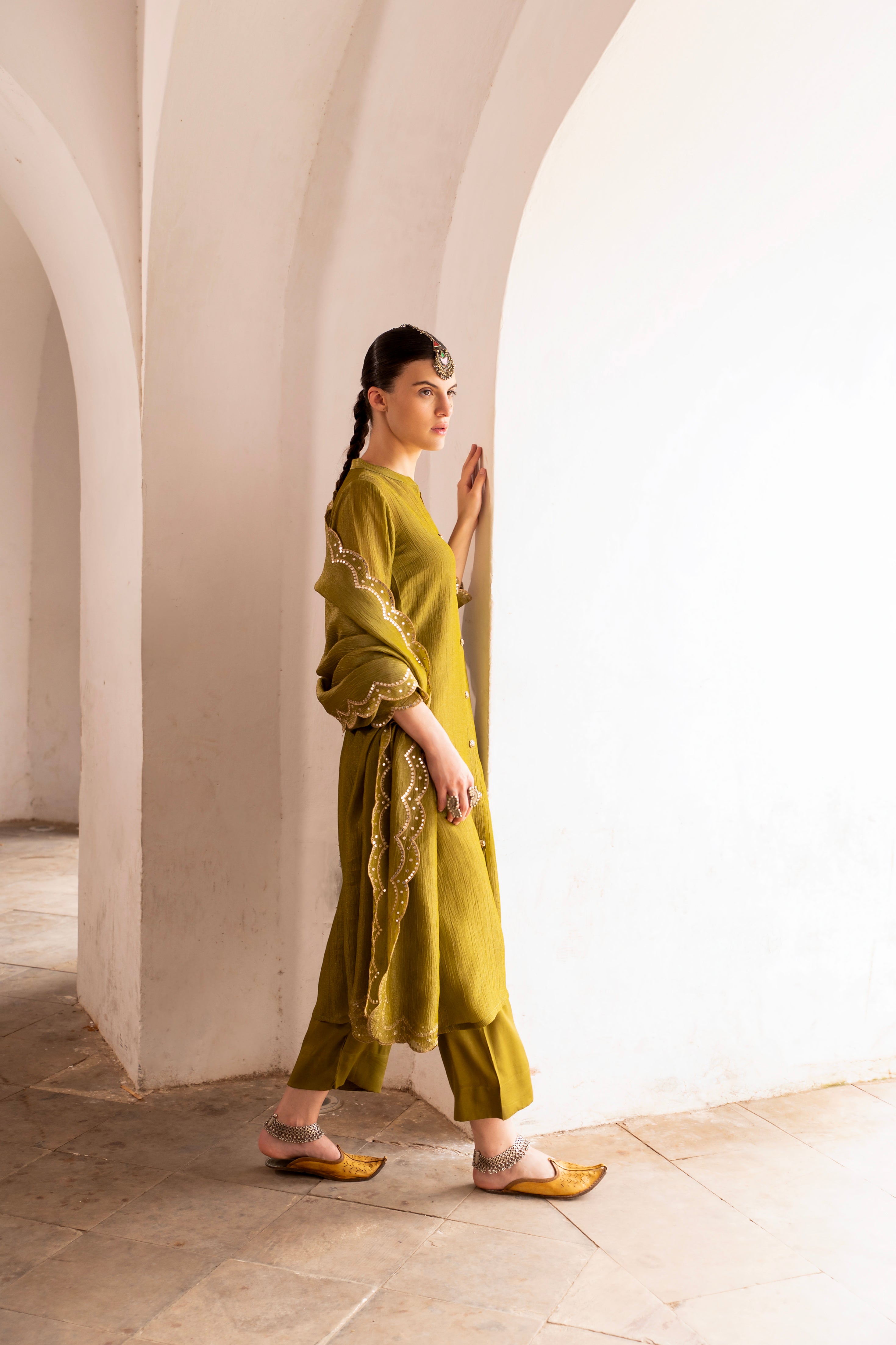 Sage Green Embellished Crushed Tissue Silk Pant Set