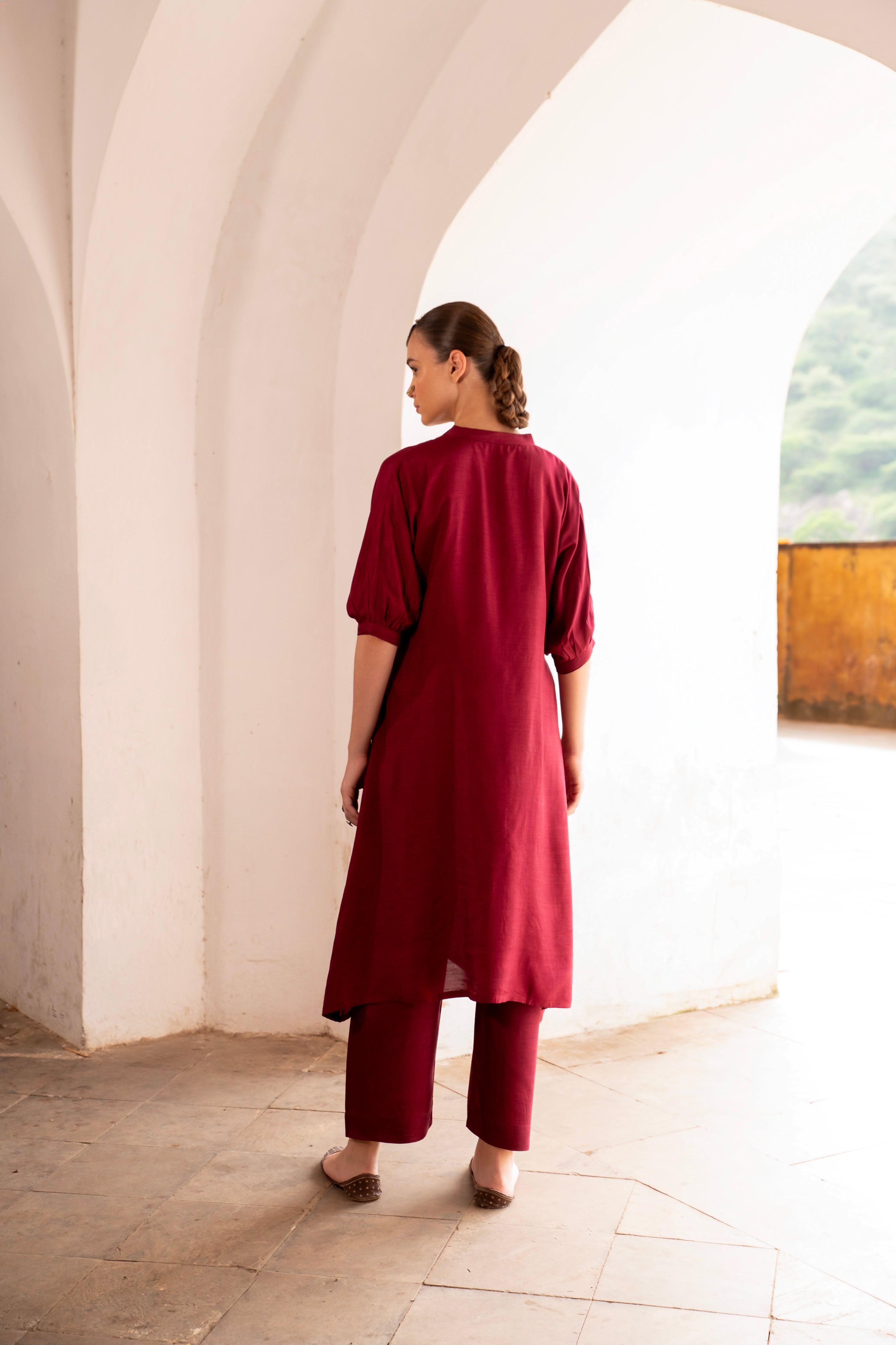 Wine Embellished Dola Silk Kurta Set