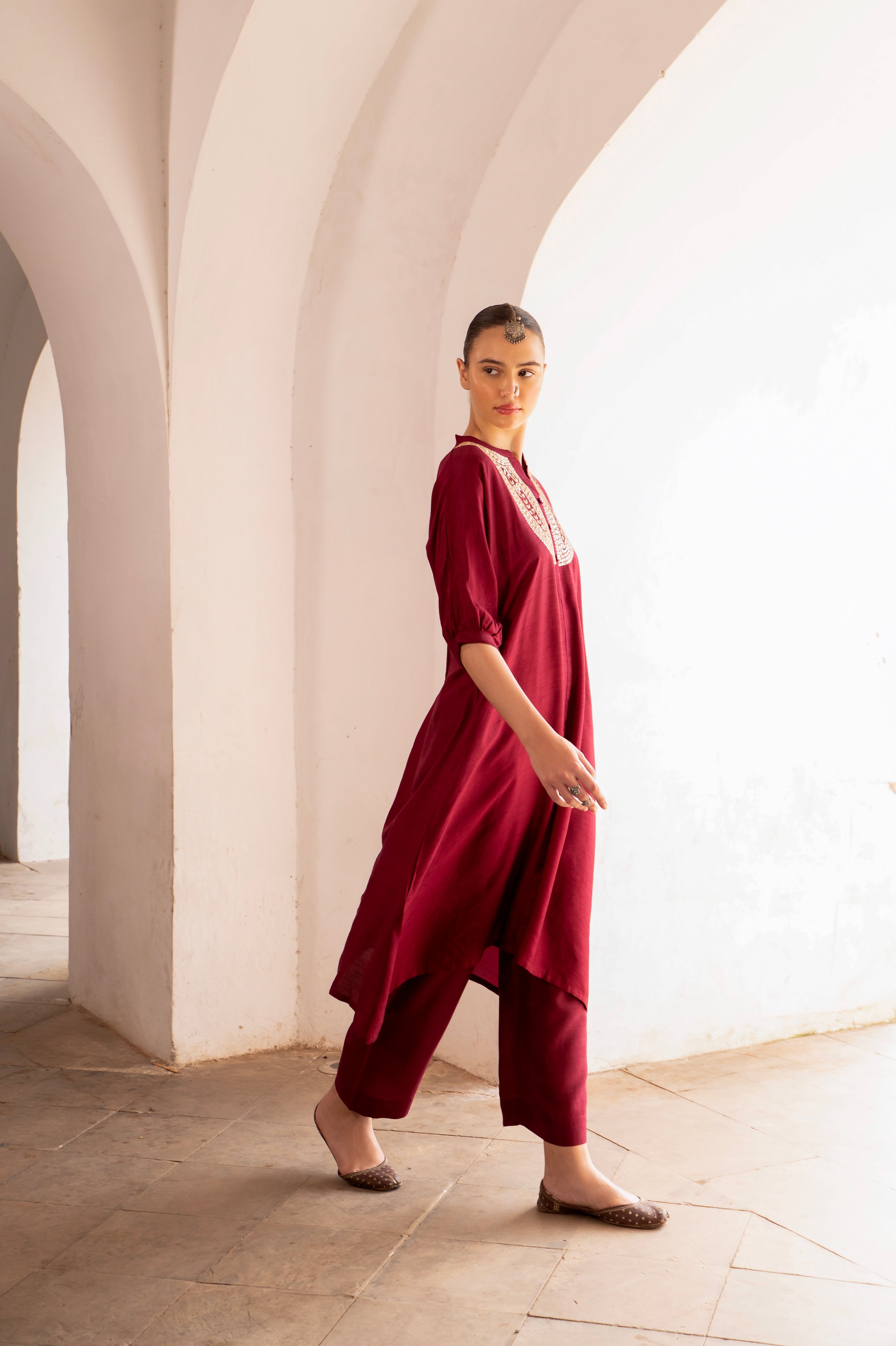 Wine Embellished Dola Silk Kurta Set