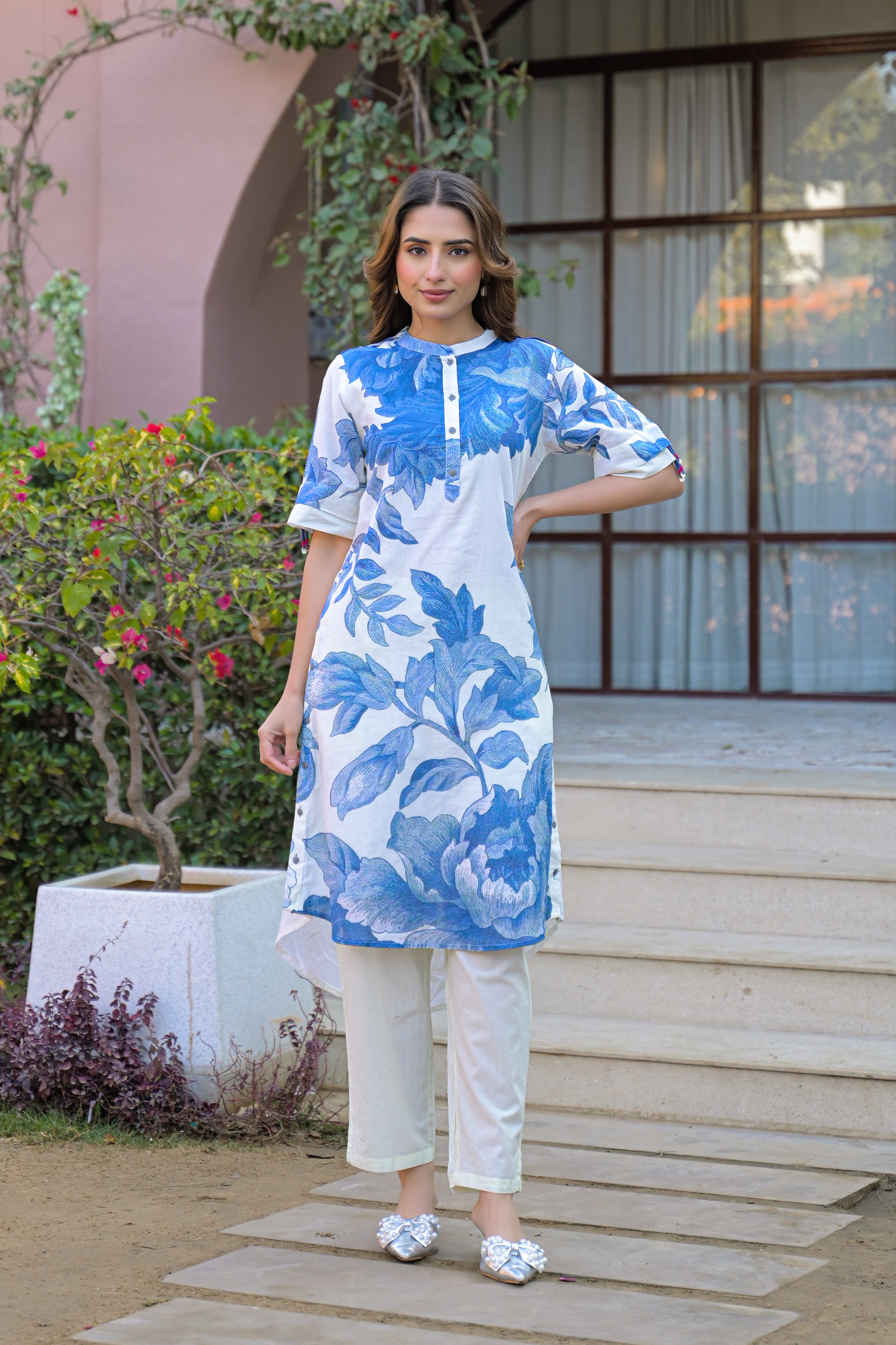 Blue Petal Printed Cotton Kurta Set