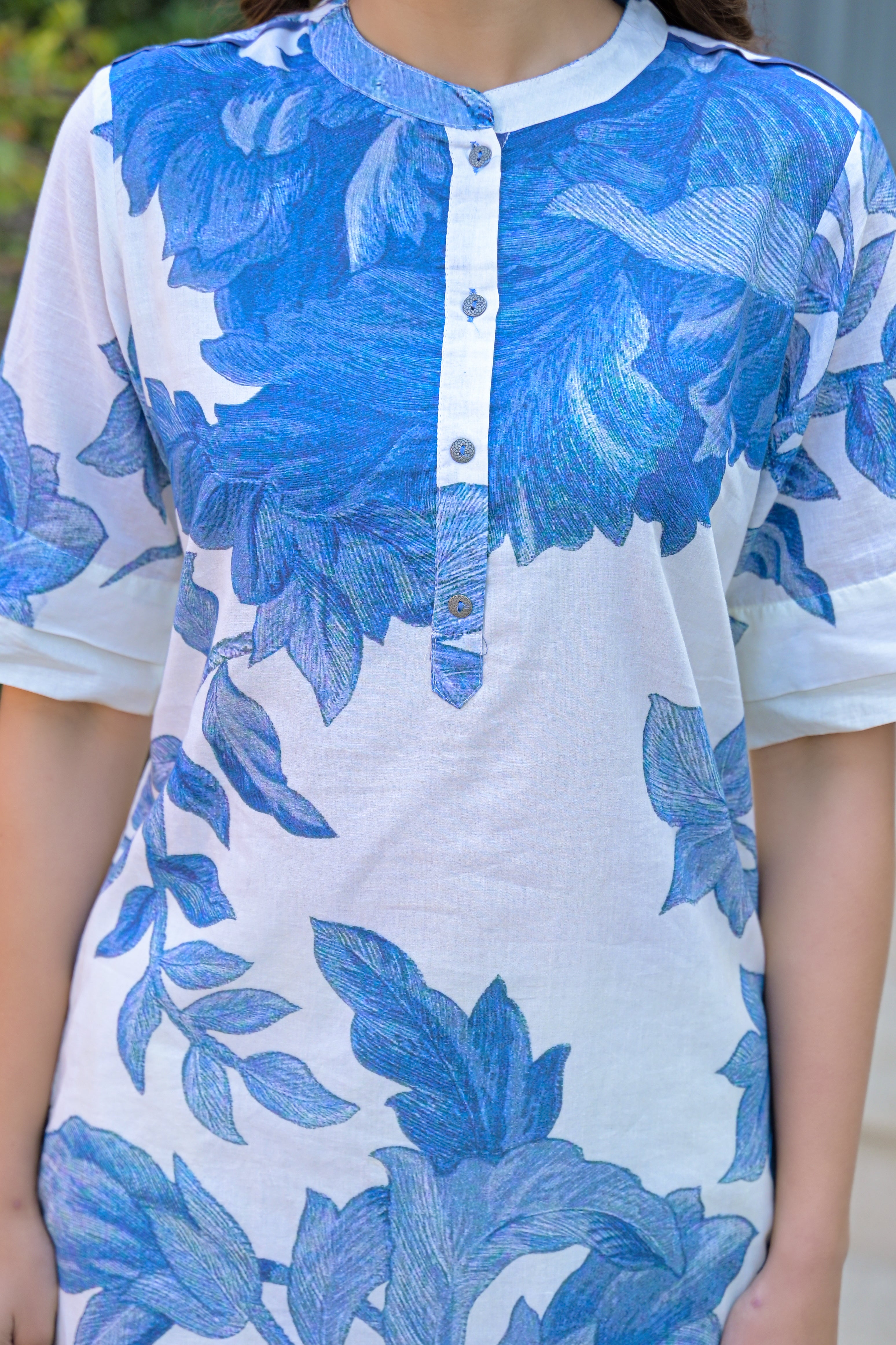 Blue Petal Printed Cotton Kurta Set