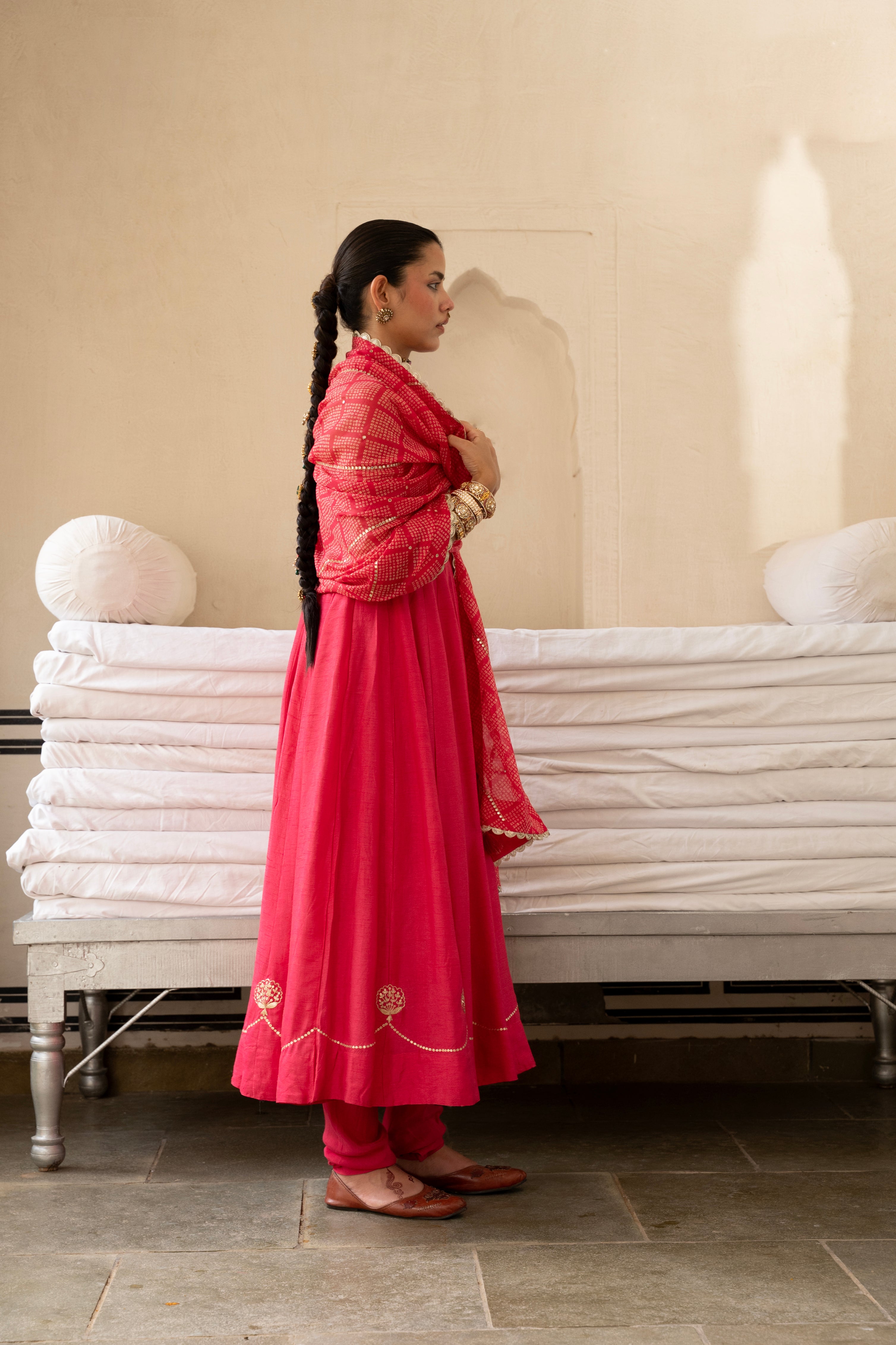 Pink Embellished Dola Silk Pant Set