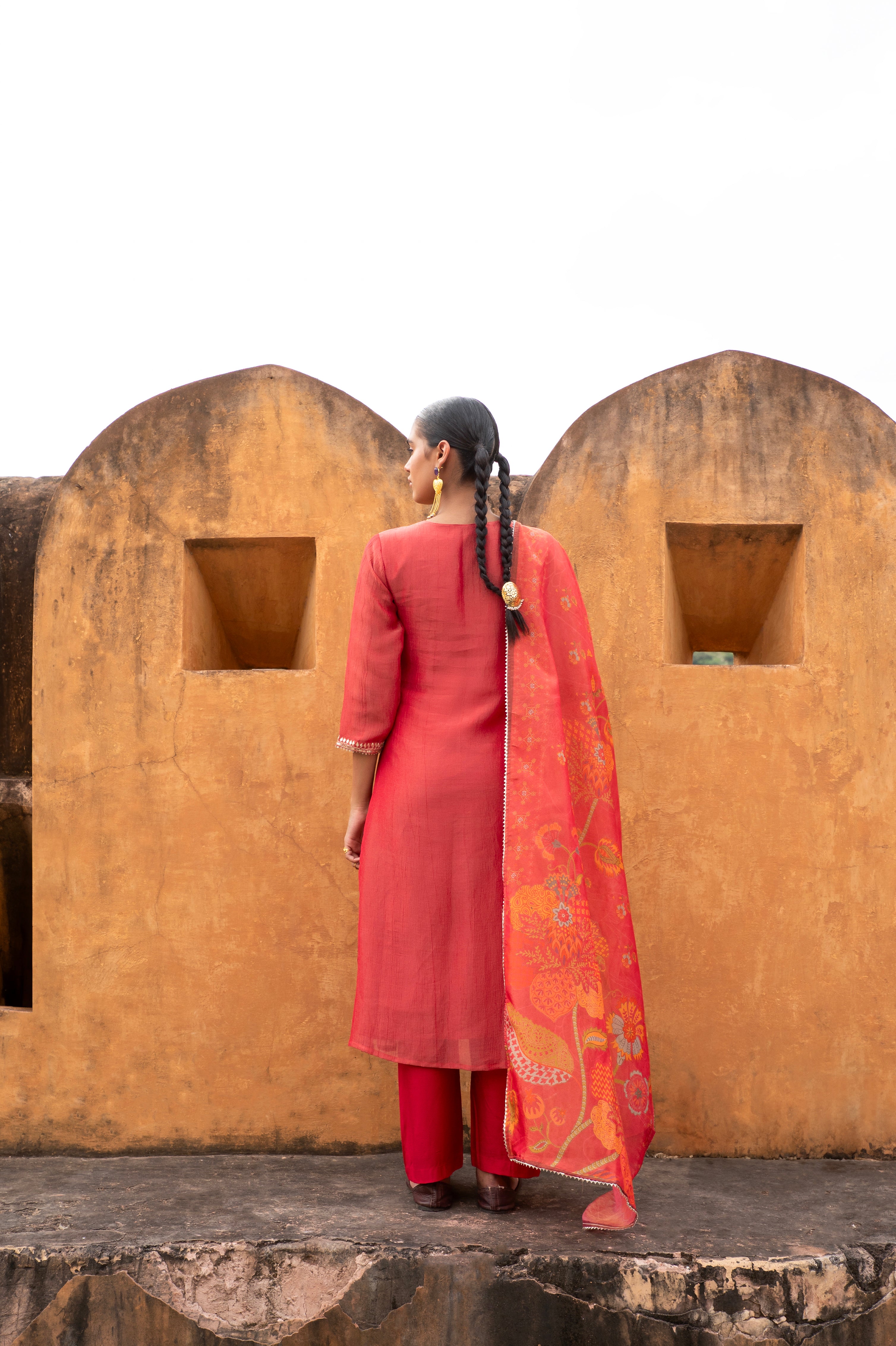 Red Embellished Crushed Tissue Silk Pant Set