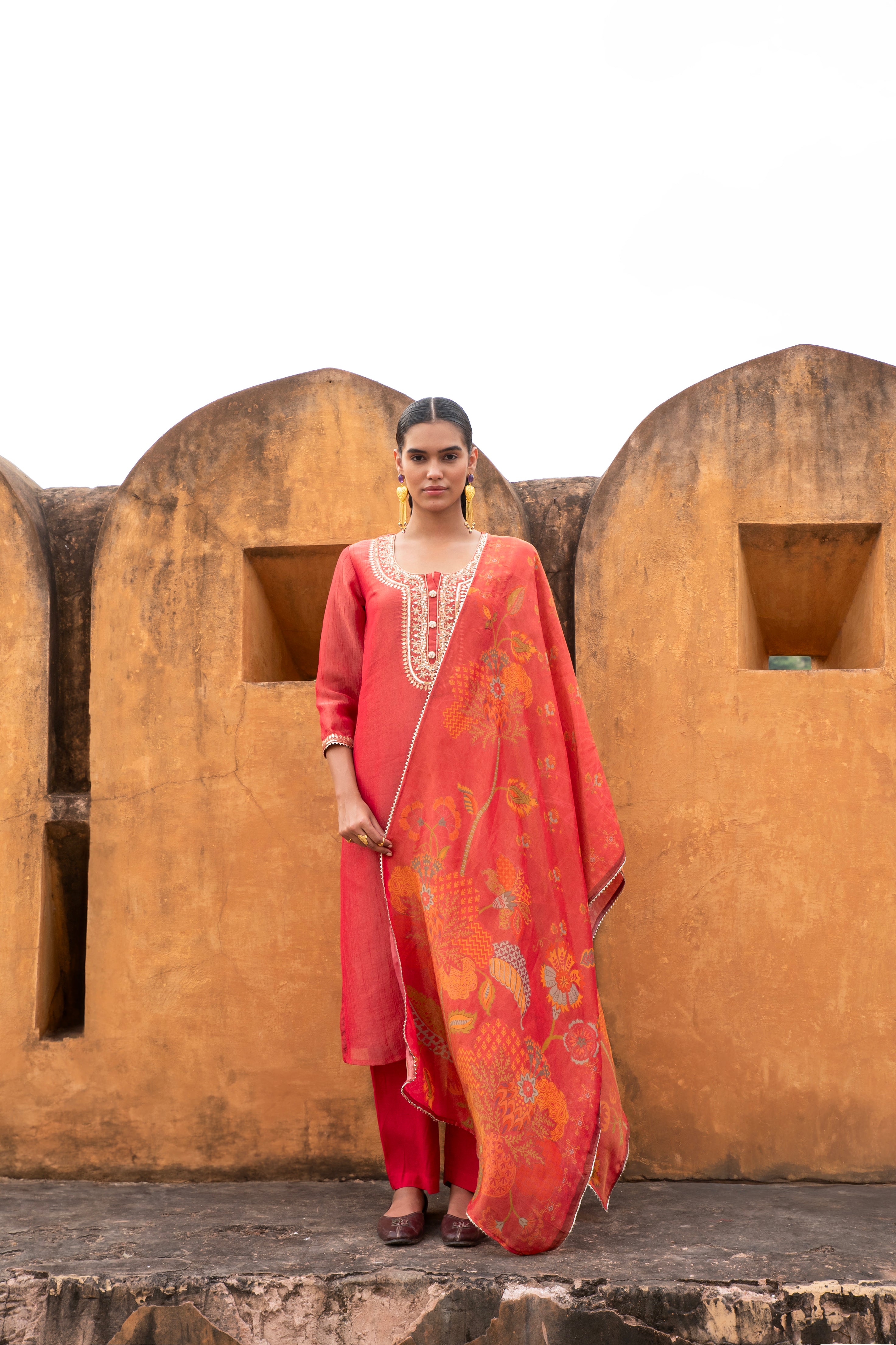 Red Embellished Crushed Tissue Silk Pant Set