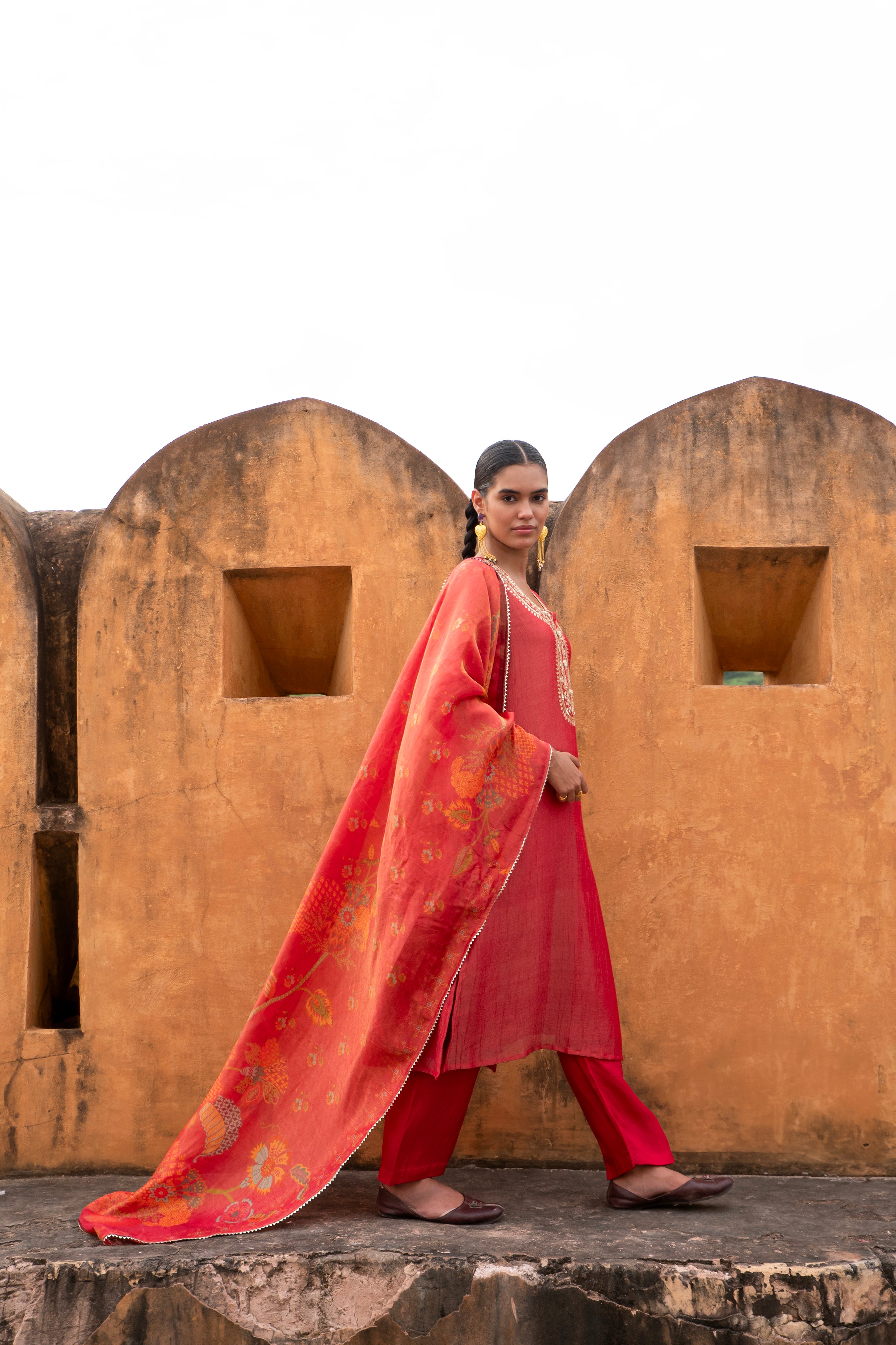 Red Embellished Crushed Tissue Silk Pant Set