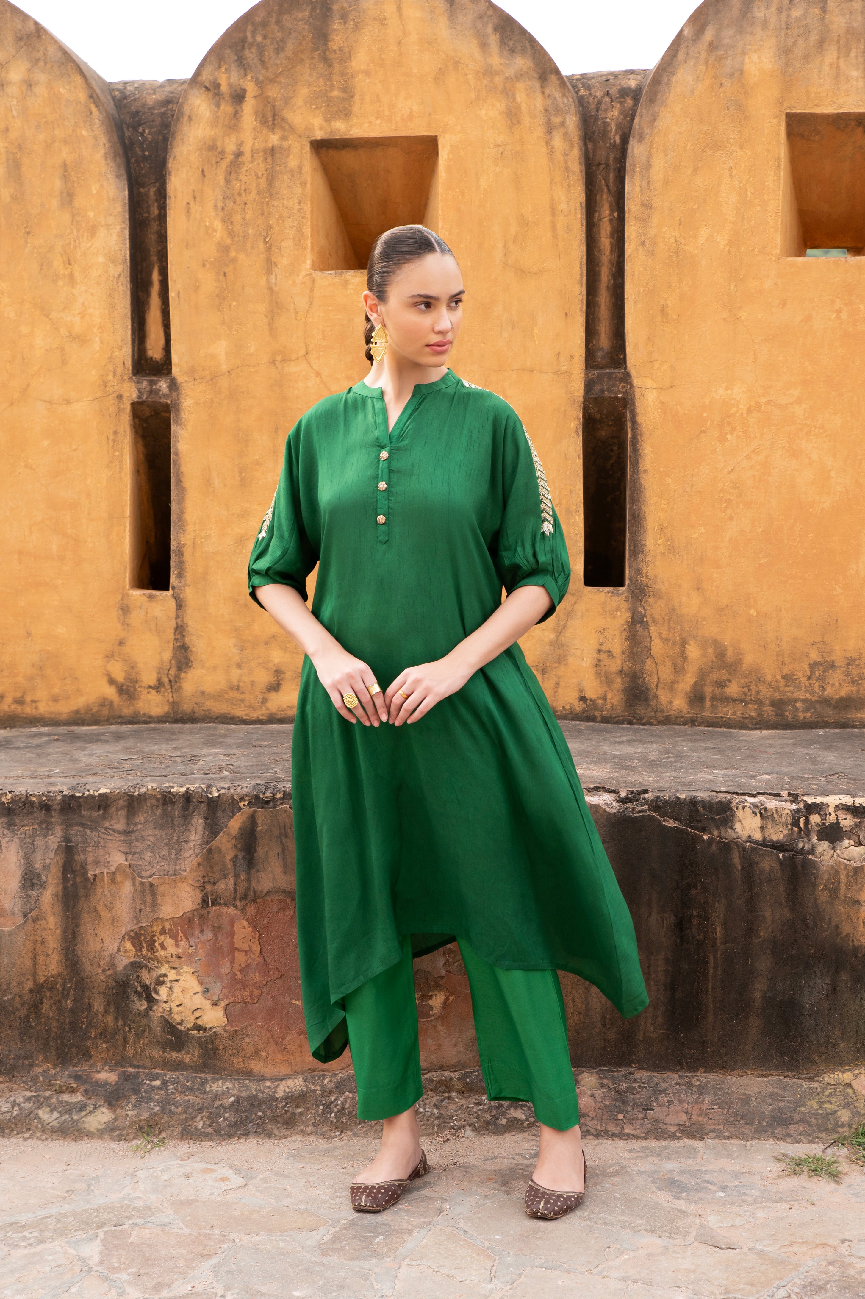 Dark Green Embellished Dola Silk Kurta Set