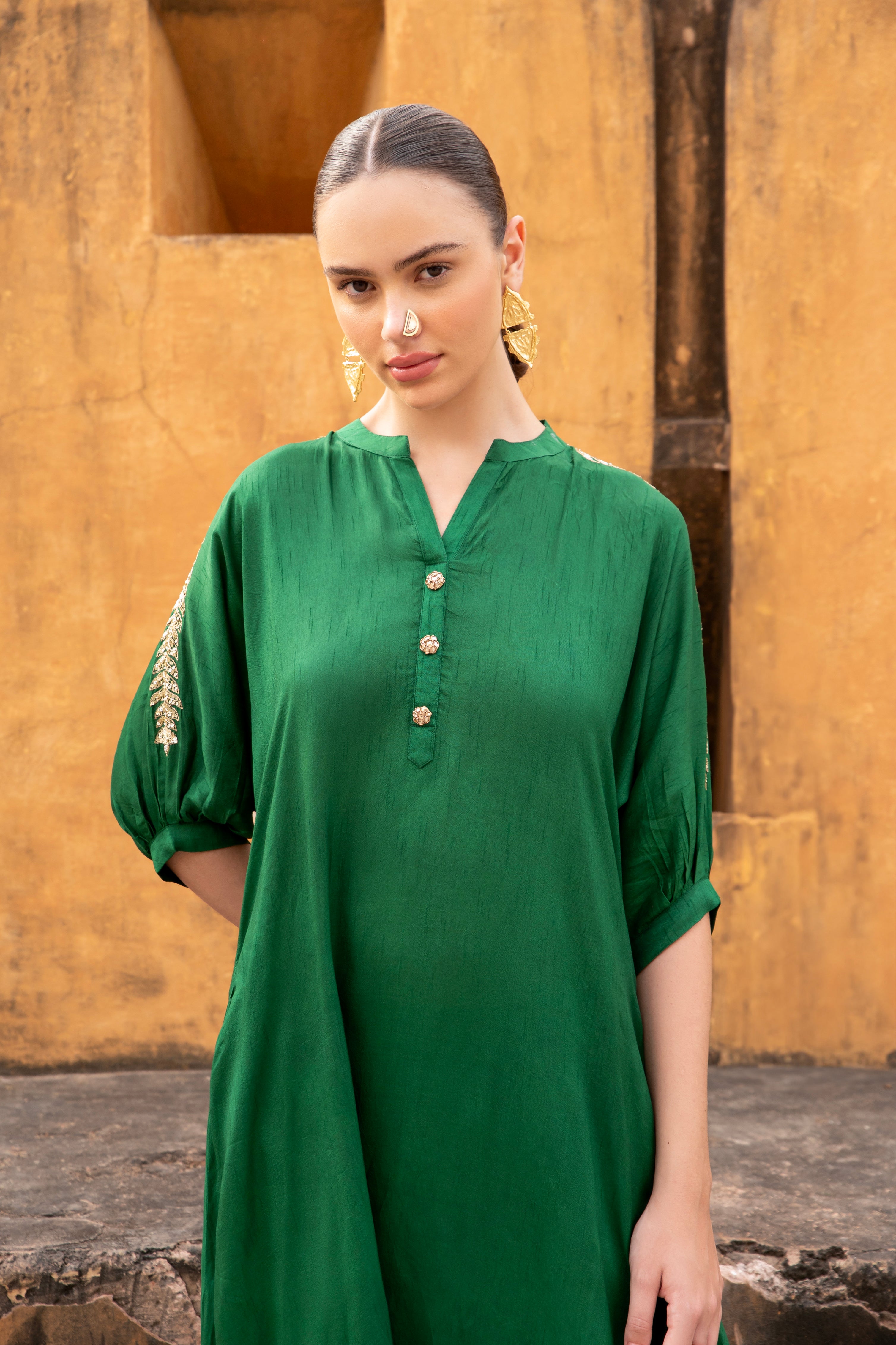 Dark Green Embellished Dola Silk Kurta Set