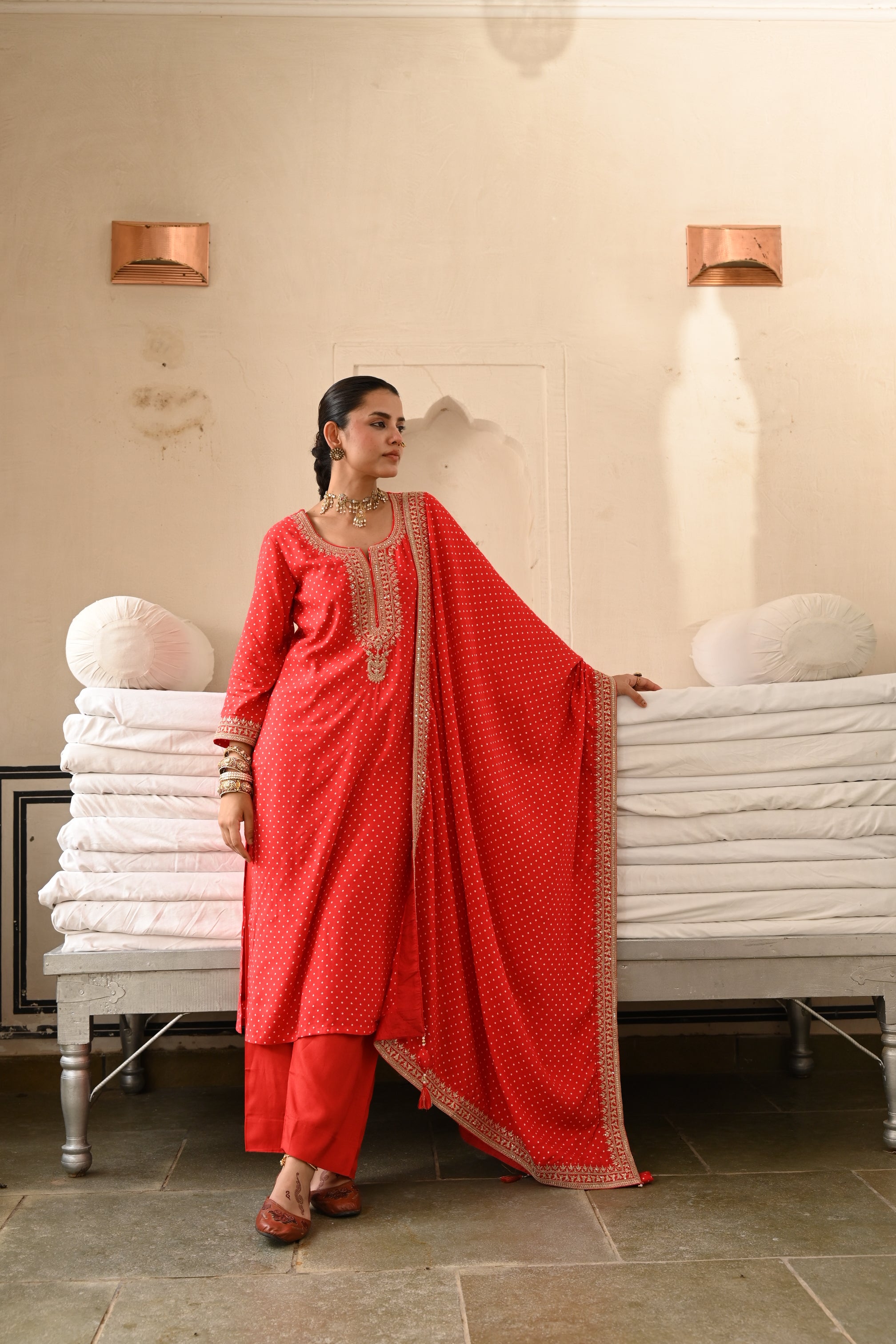 Red Embellished Pure Muslin Silk Pant Set