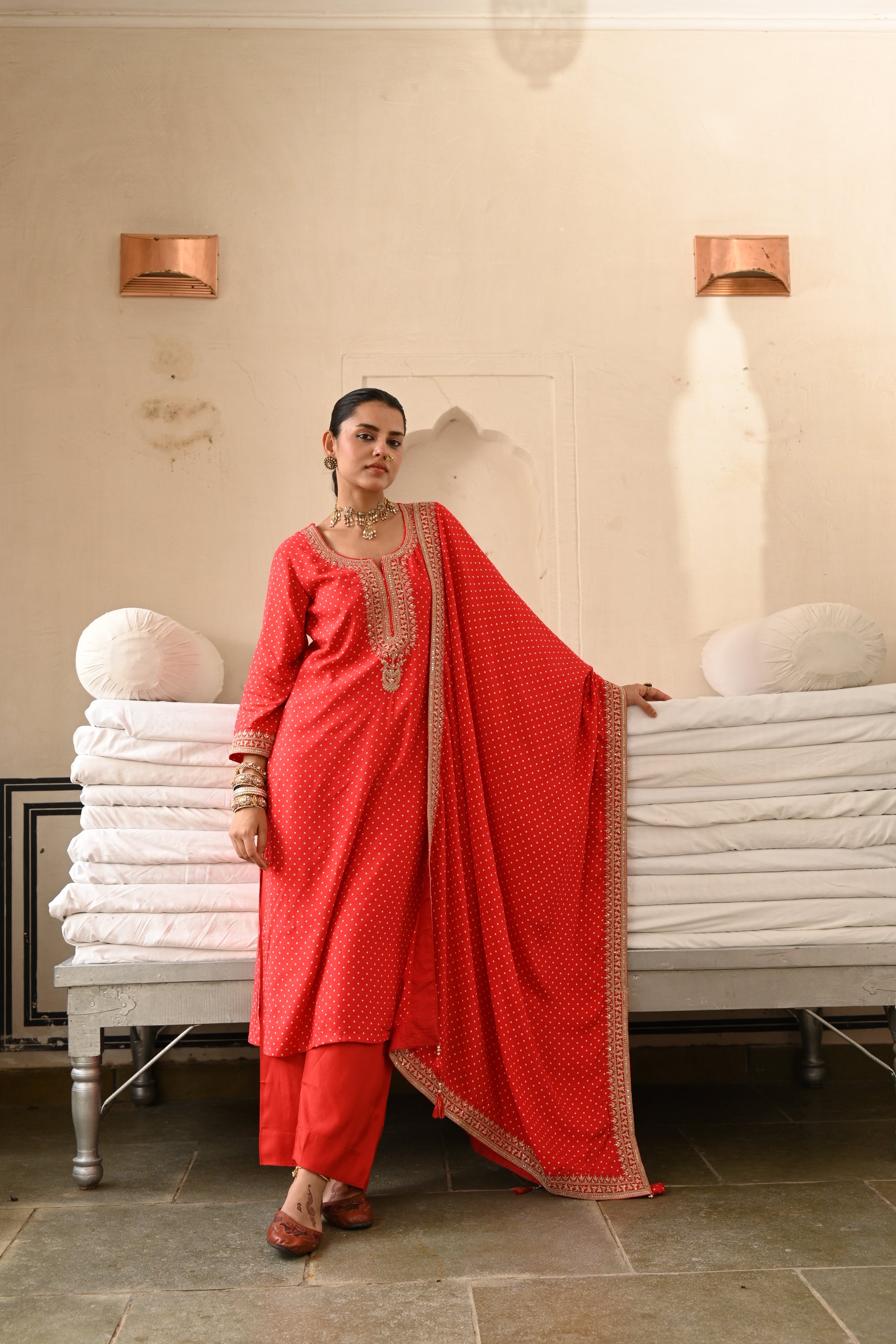Red Embellished Pure Muslin Silk Pant Set