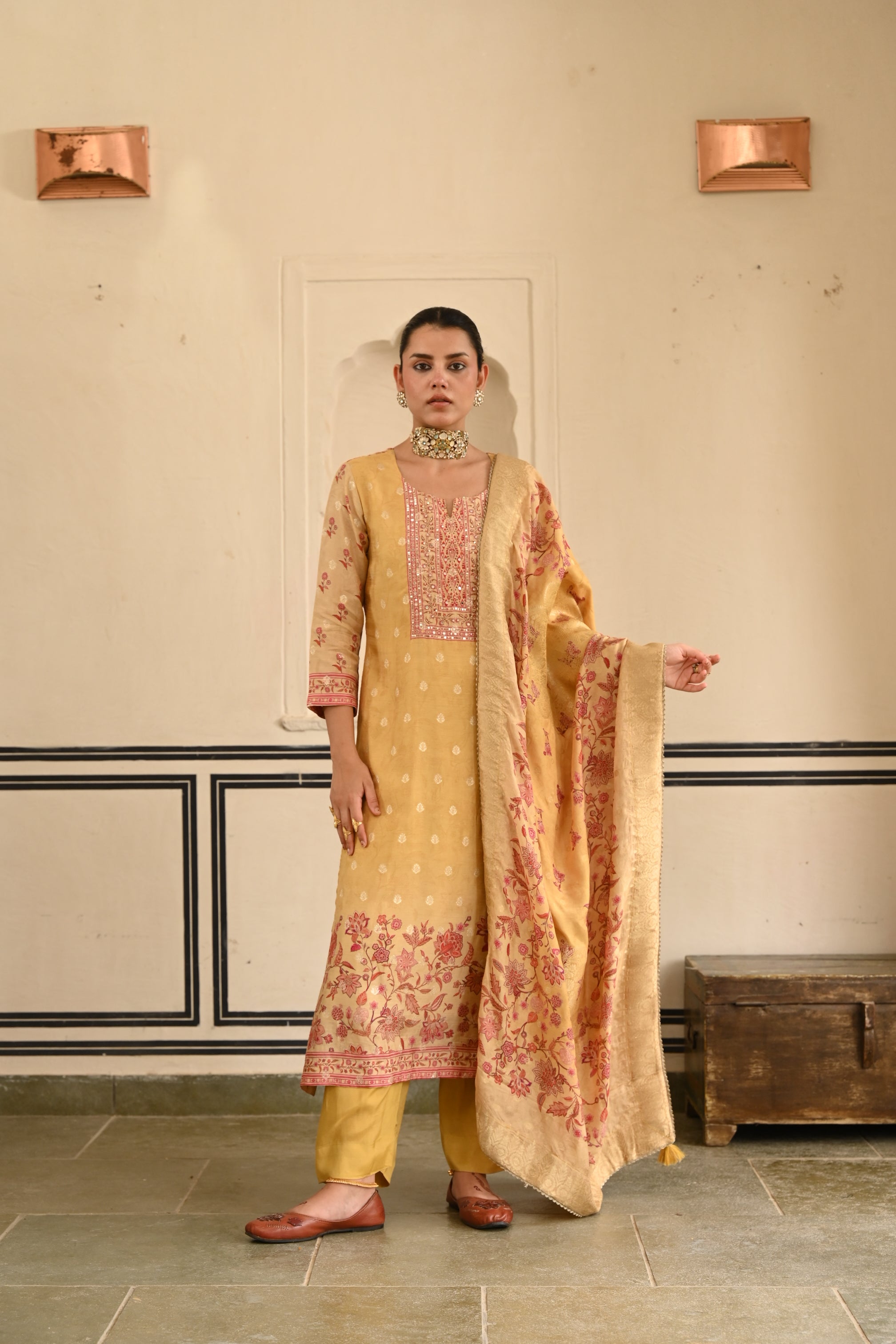 Mustard Yellow Printed Jacquard Silk Pant Set