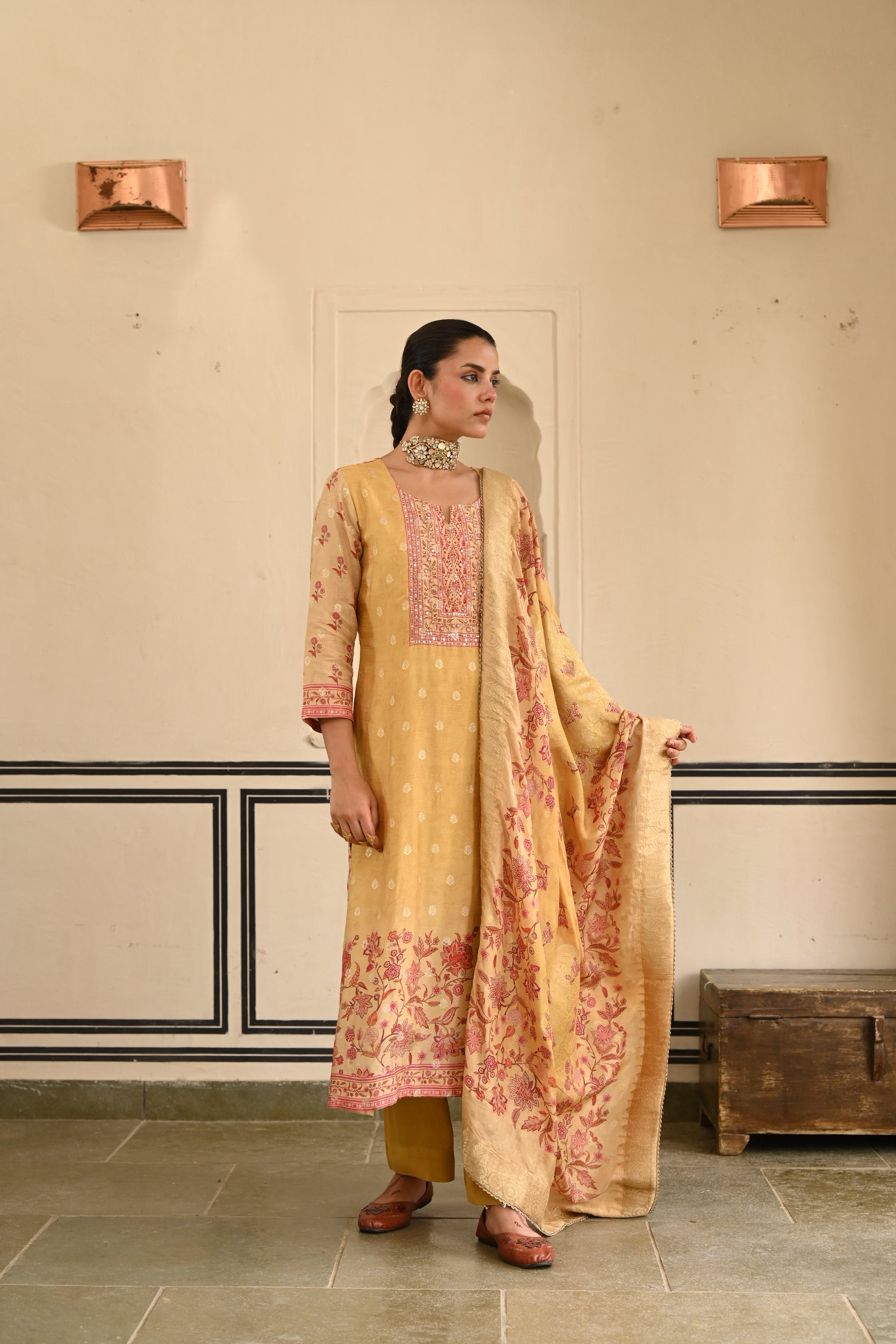 Mustard Yellow Printed Jacquard Silk Pant Set