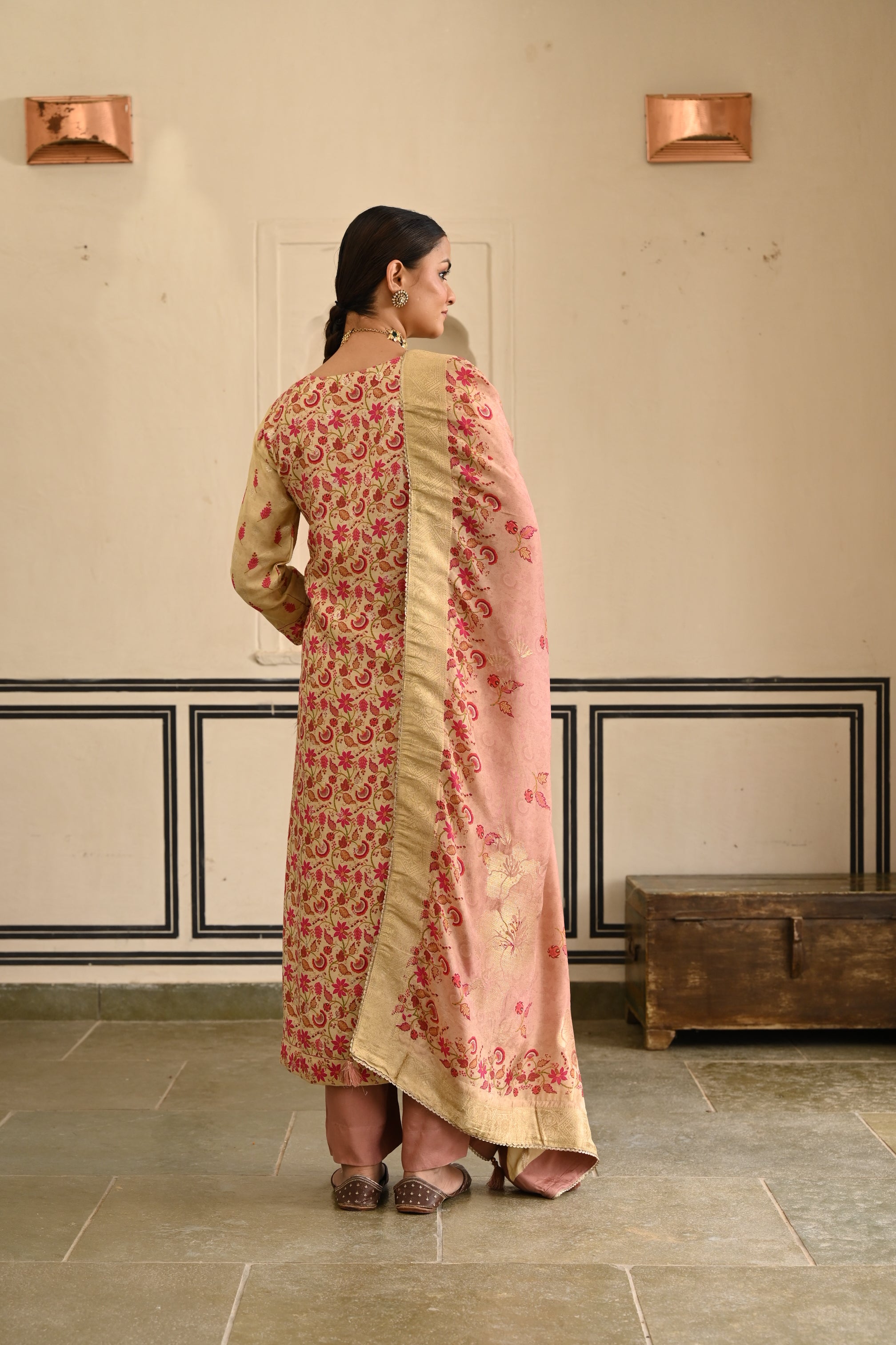 Onion Pink Printed Jacquard Silk Pant Set