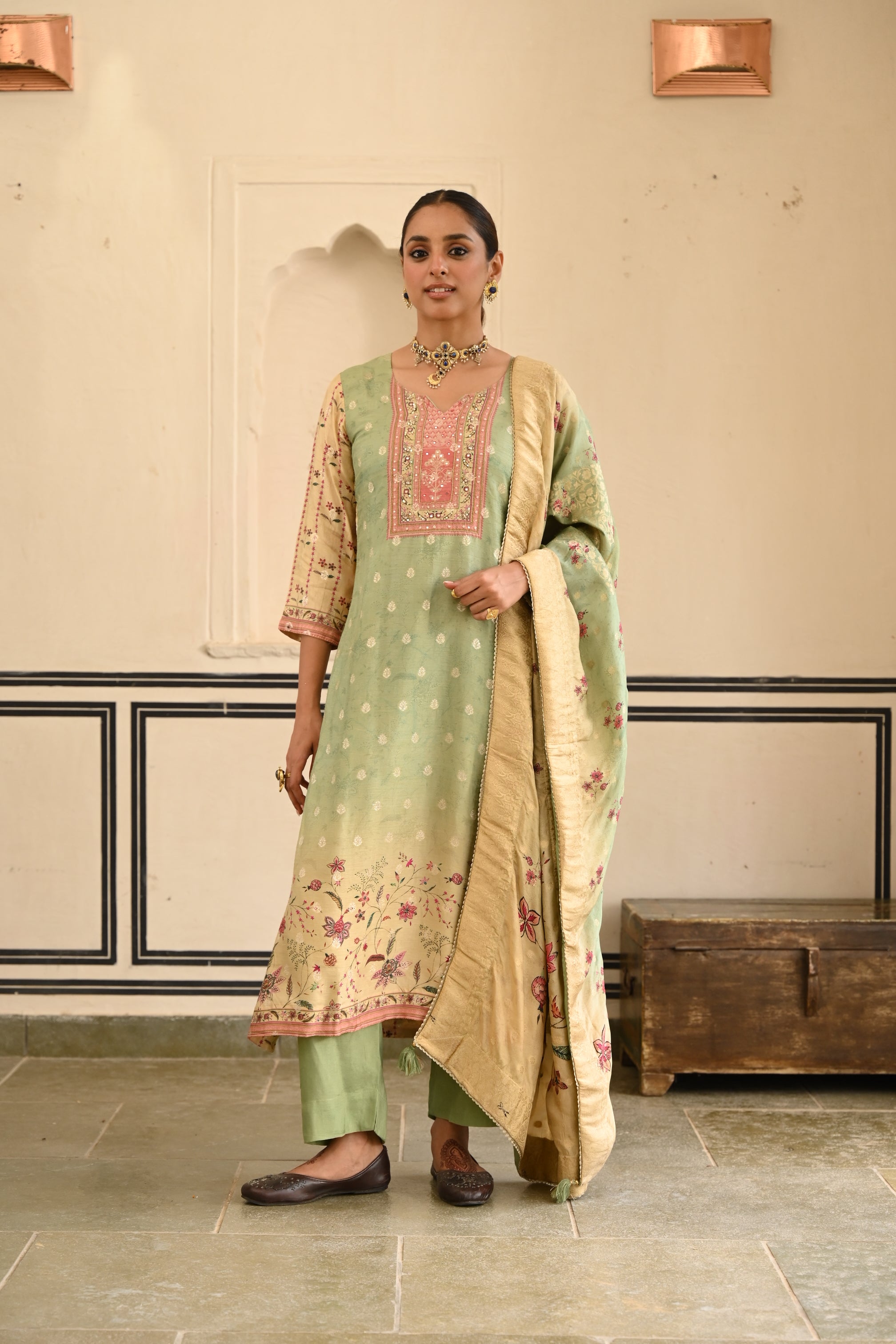 Pastel Green Printed Jacquard Silk Pant Set