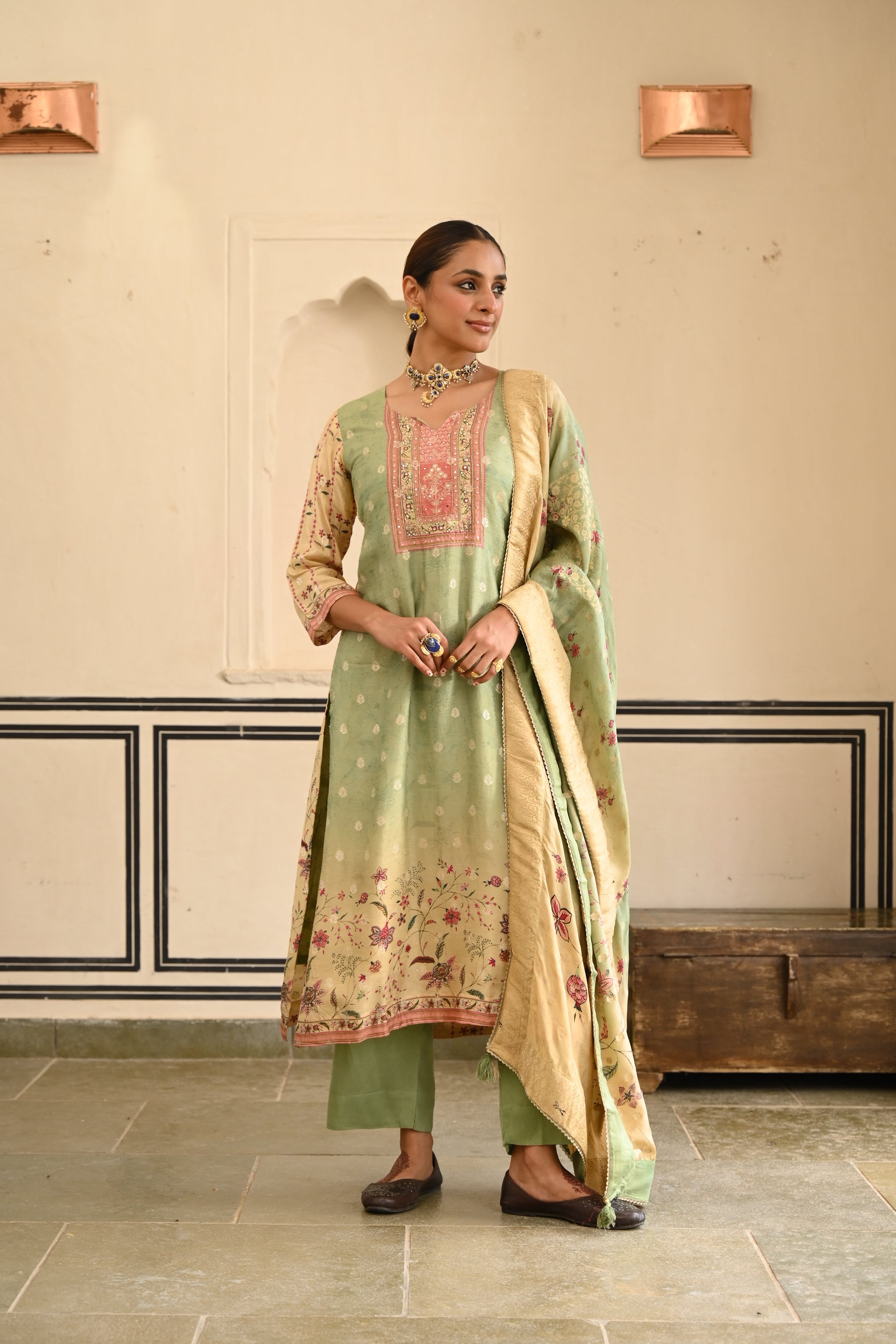 Pastel Green Printed Jacquard Silk Pant Set