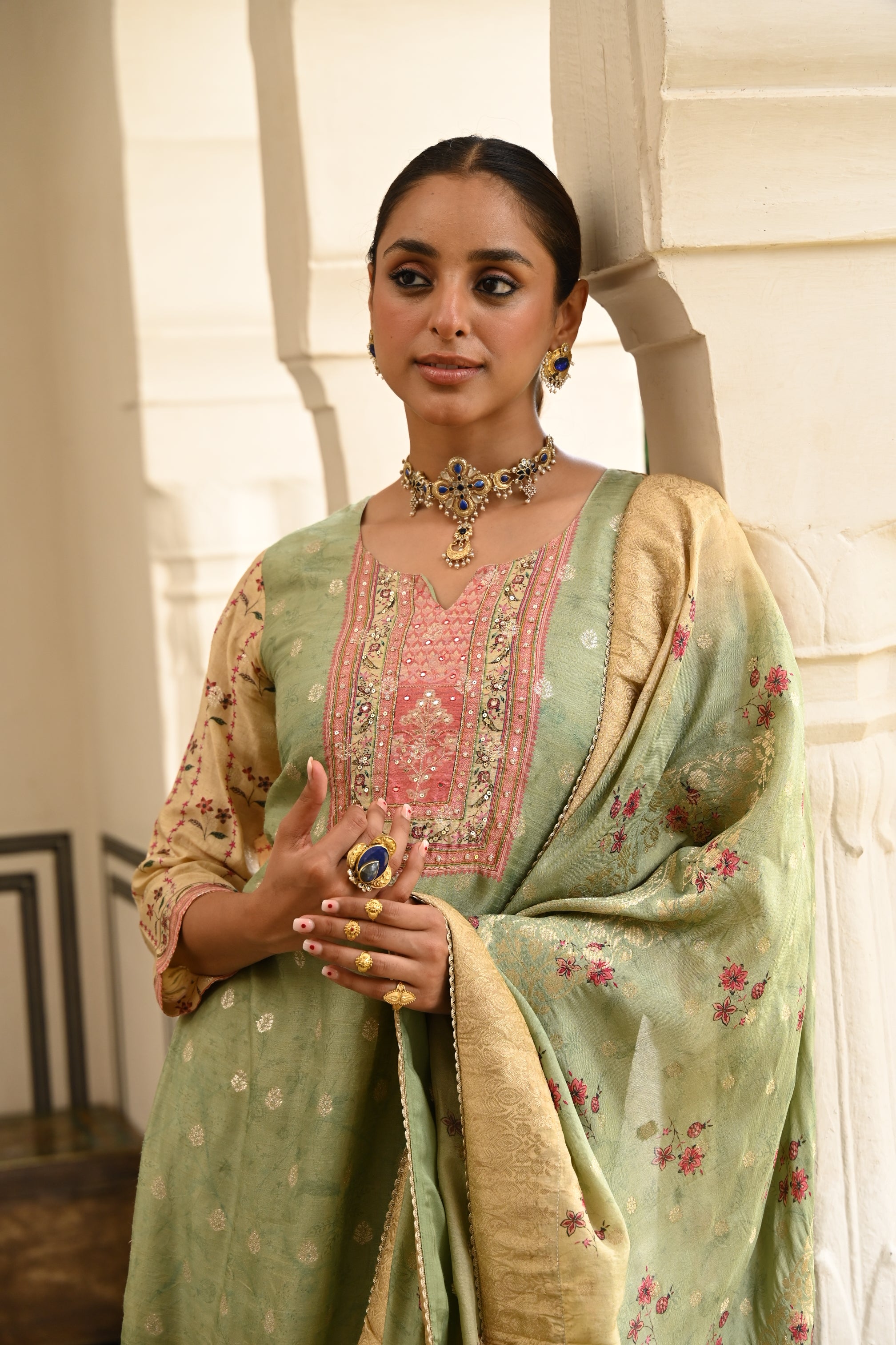 Pastel Green Printed Jacquard Silk Pant Set