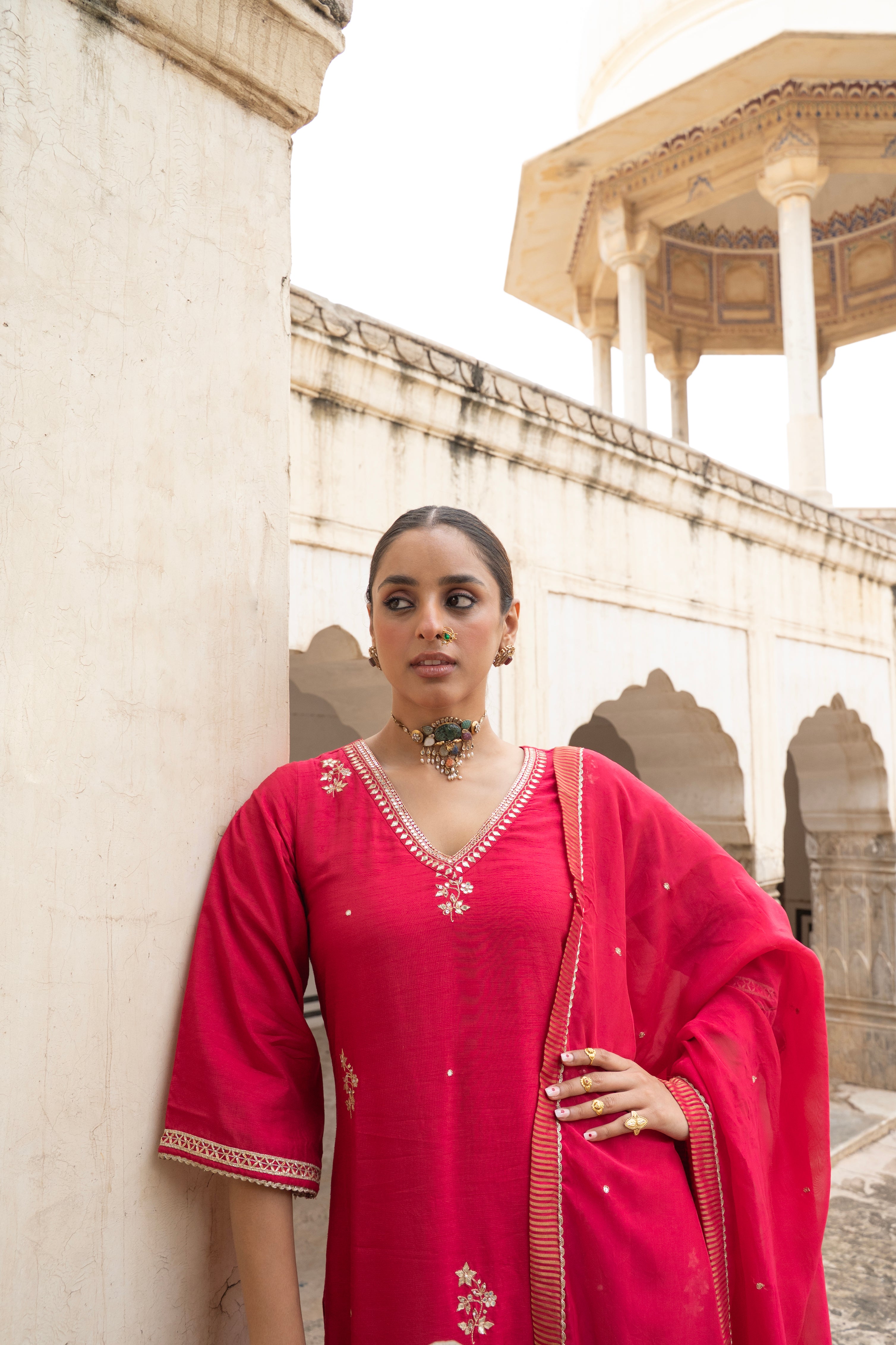 Scarlet Red Embellished Dola Silk Pant Set