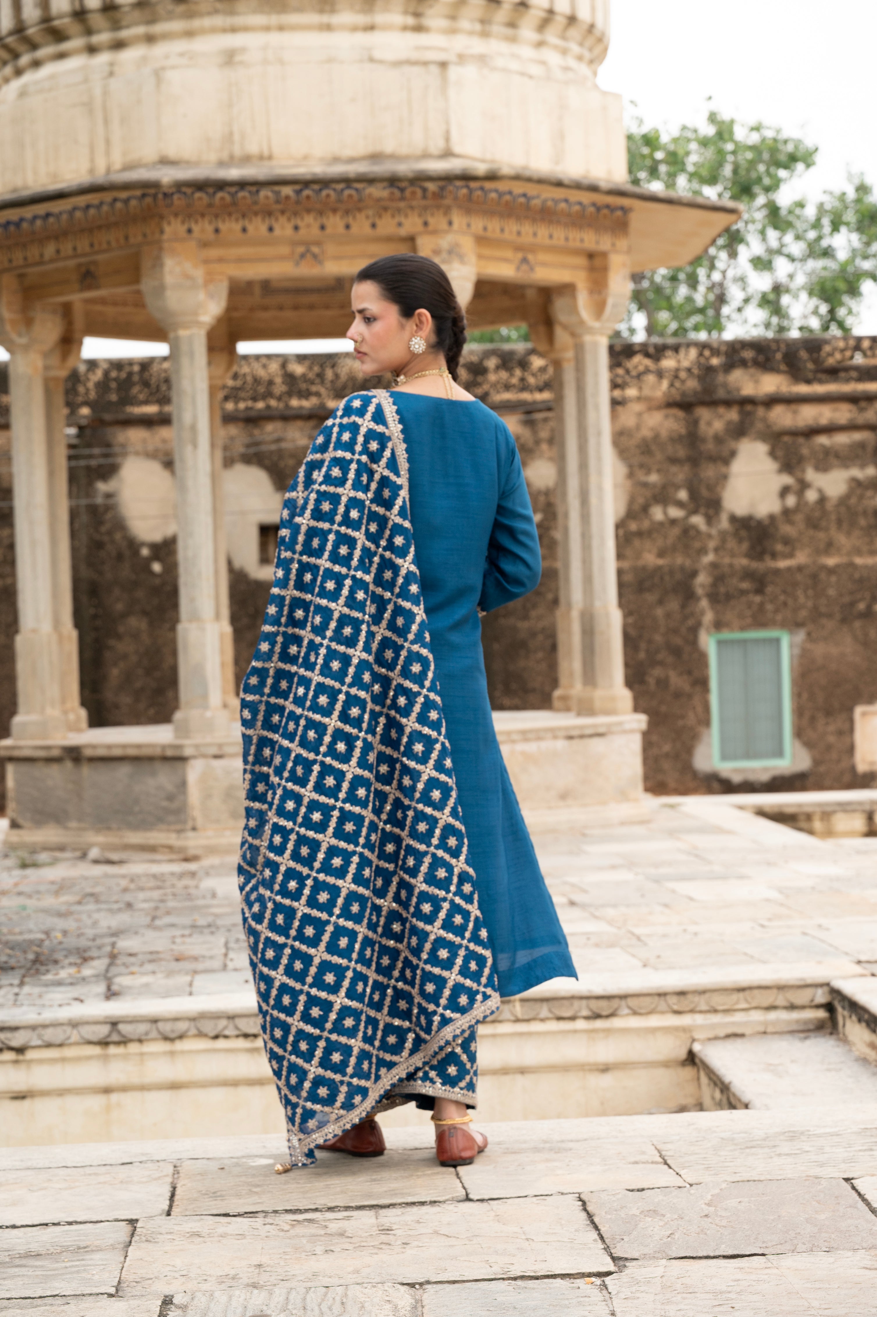 Indigo Blue Embellished Dola Silk Pant Set