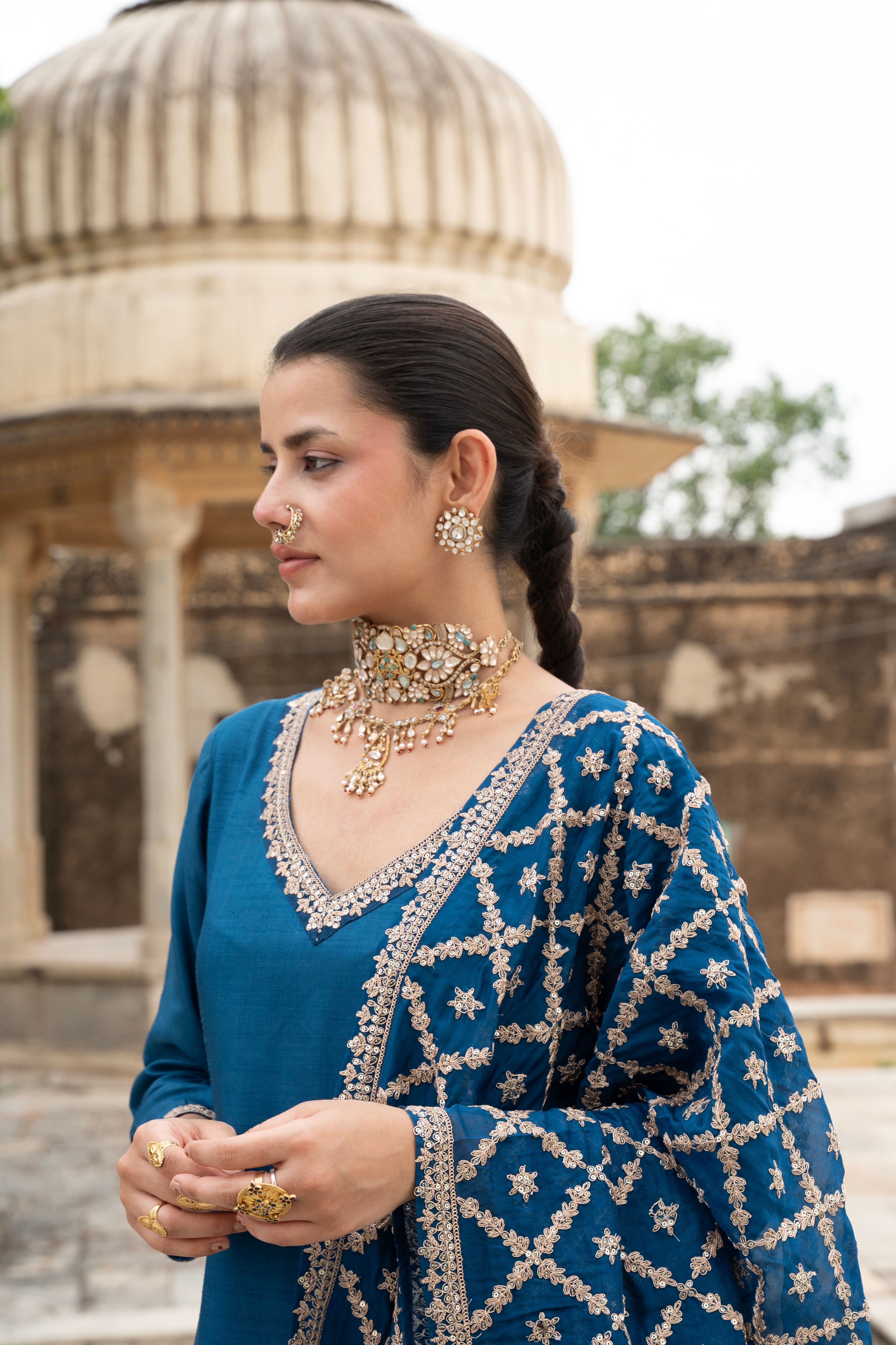 Indigo Blue Embellished Dola Silk Pant Set