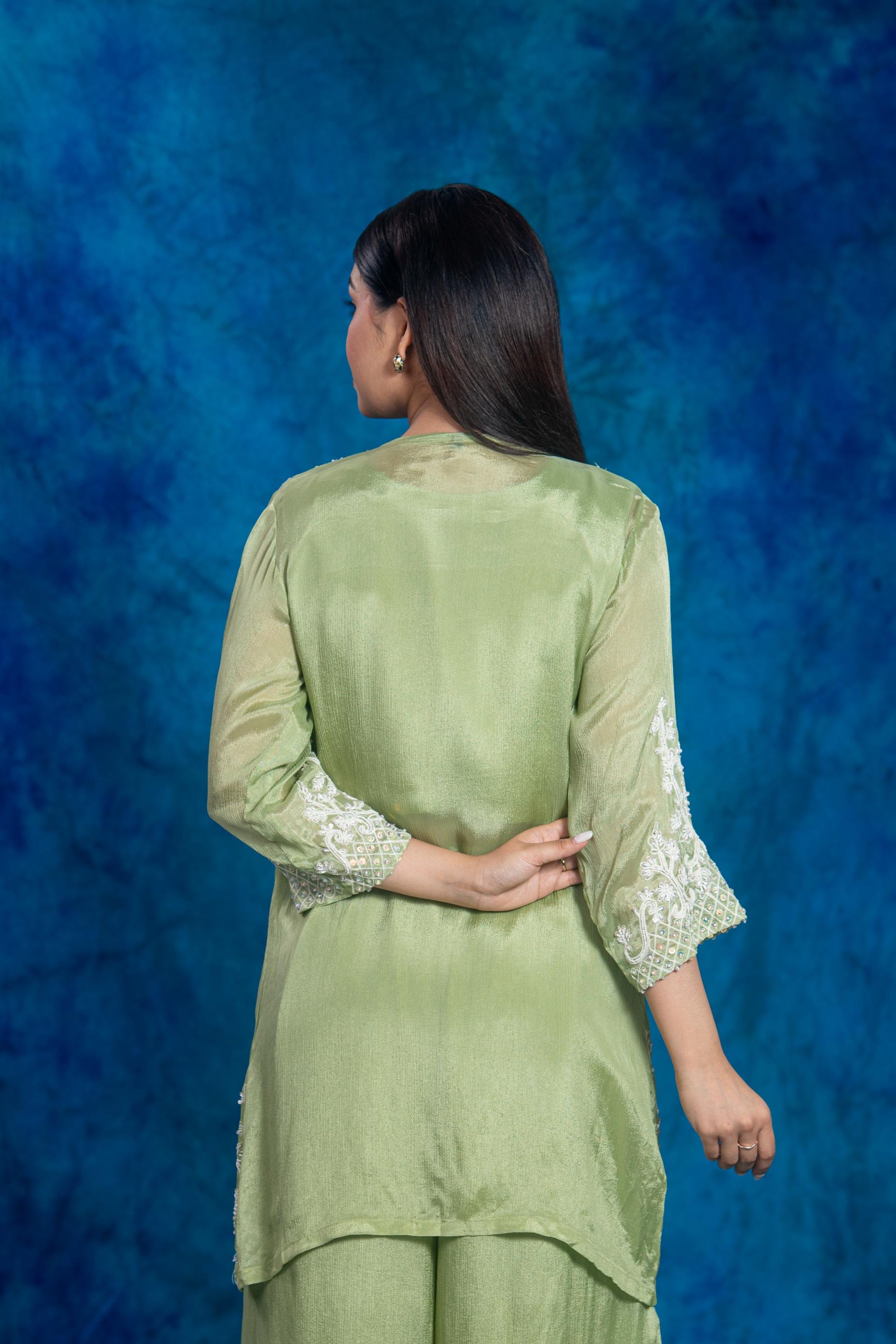 Green Embellished Chinon Silk Palazzo Set