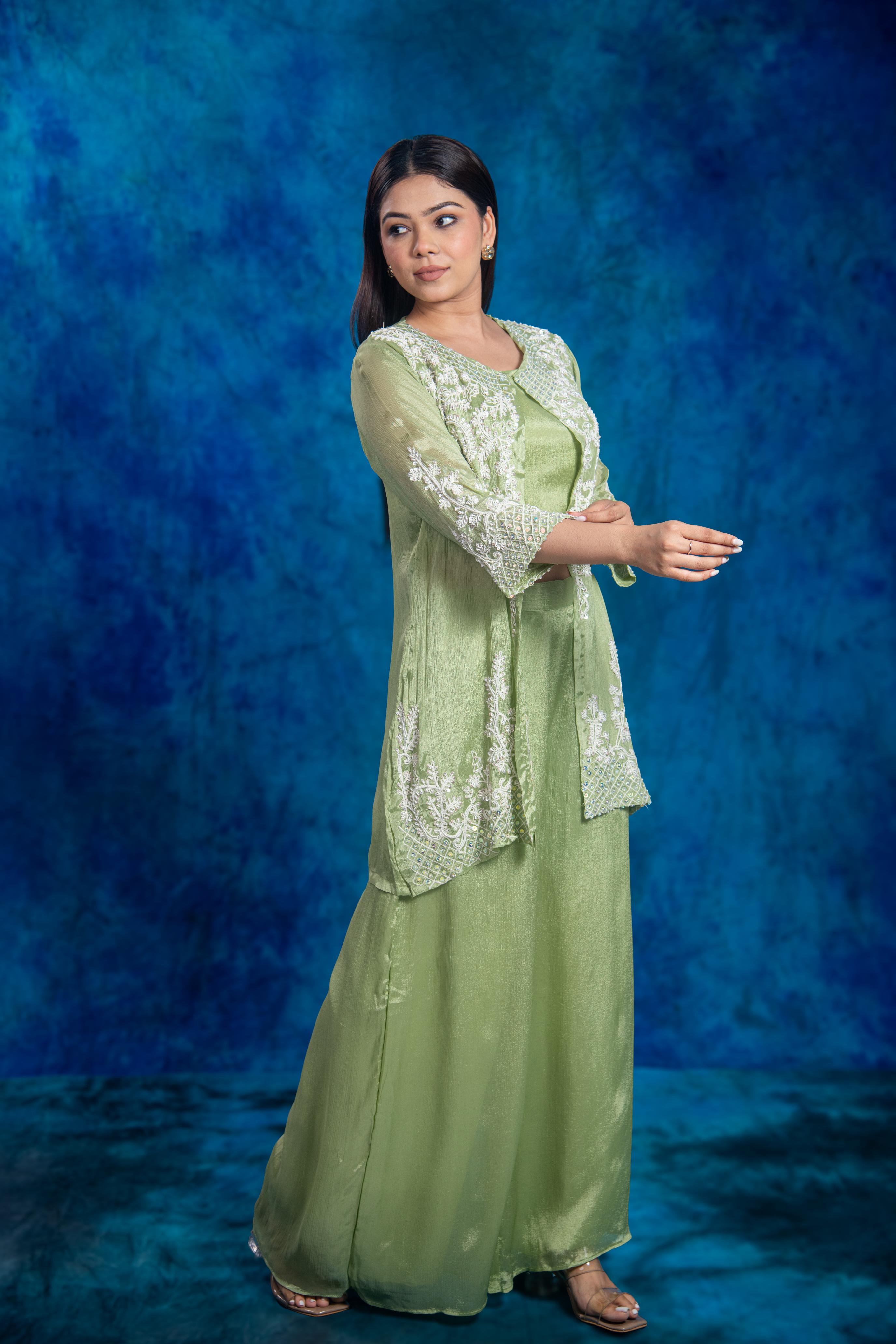 Green Embellished Chinon Silk Palazzo Set