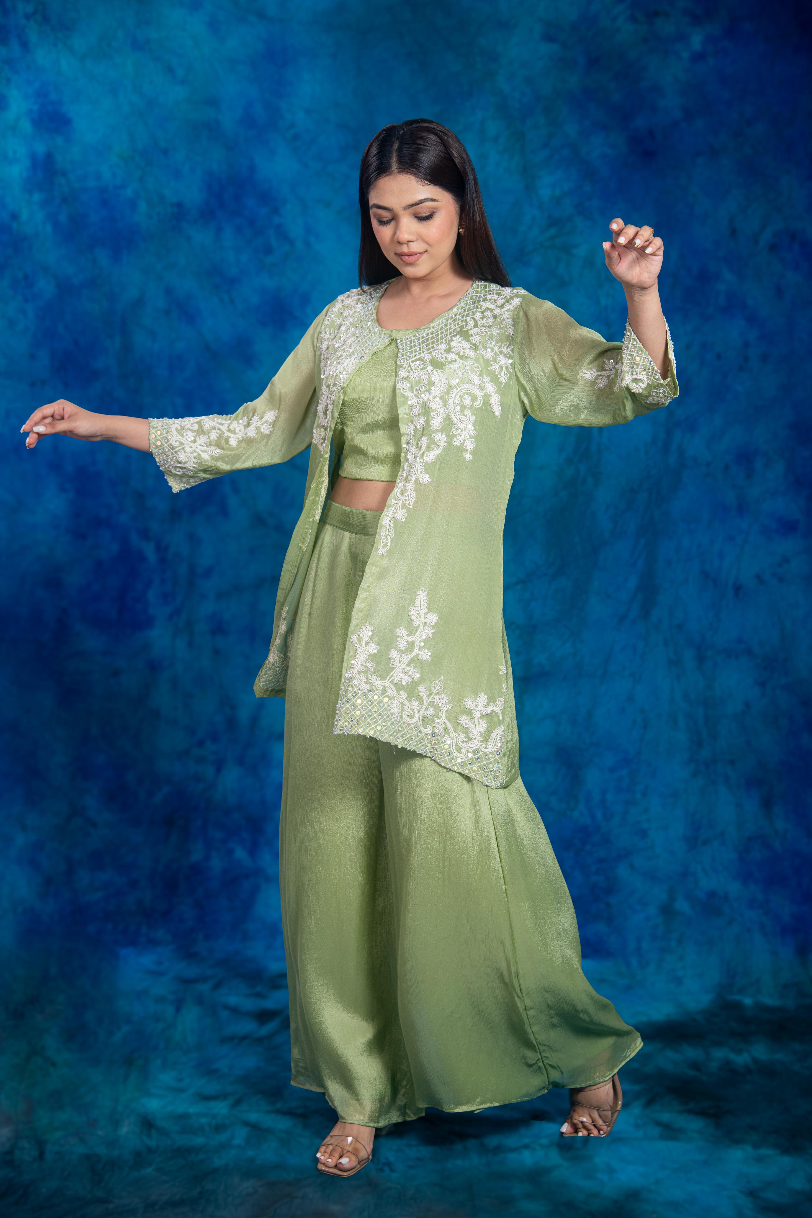 Green Embellished Chinon Silk Palazzo Set
