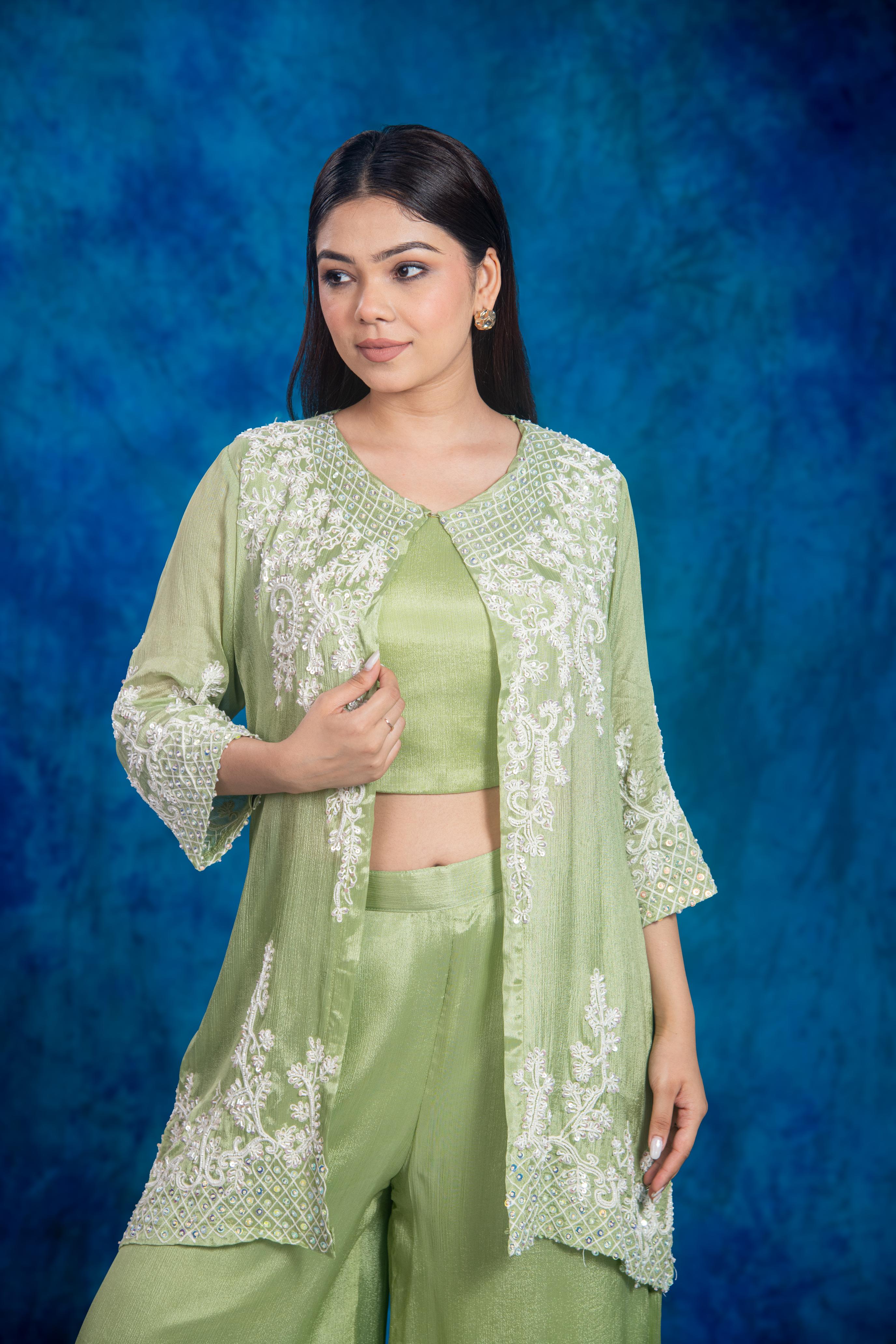 Green Embellished Chinon Silk Palazzo Set
