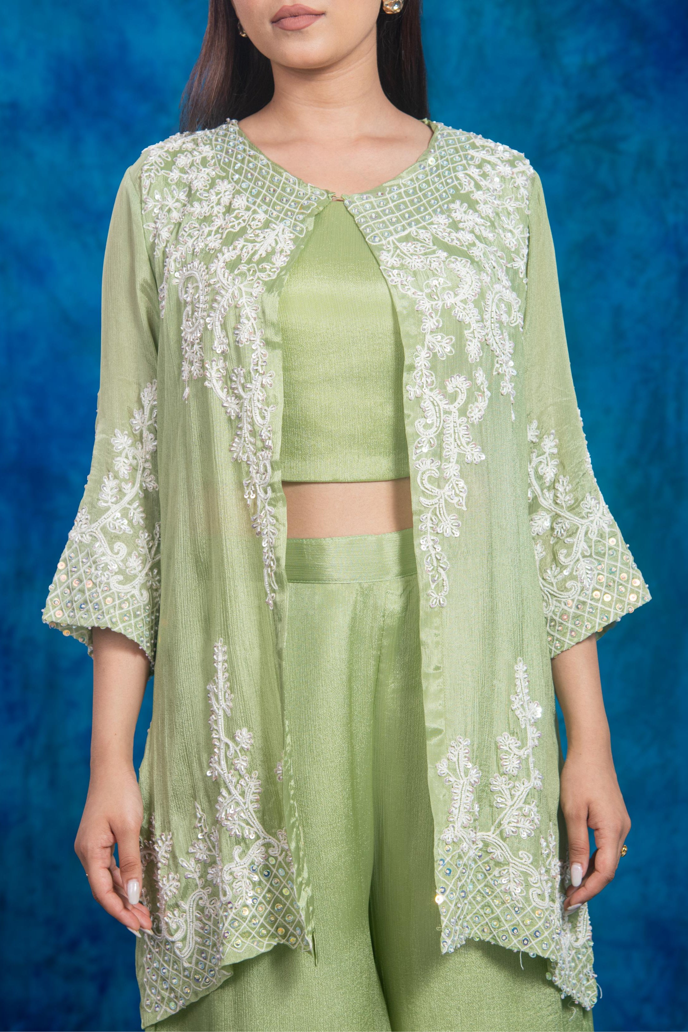 Green Embellished Chinon Silk Palazzo Set