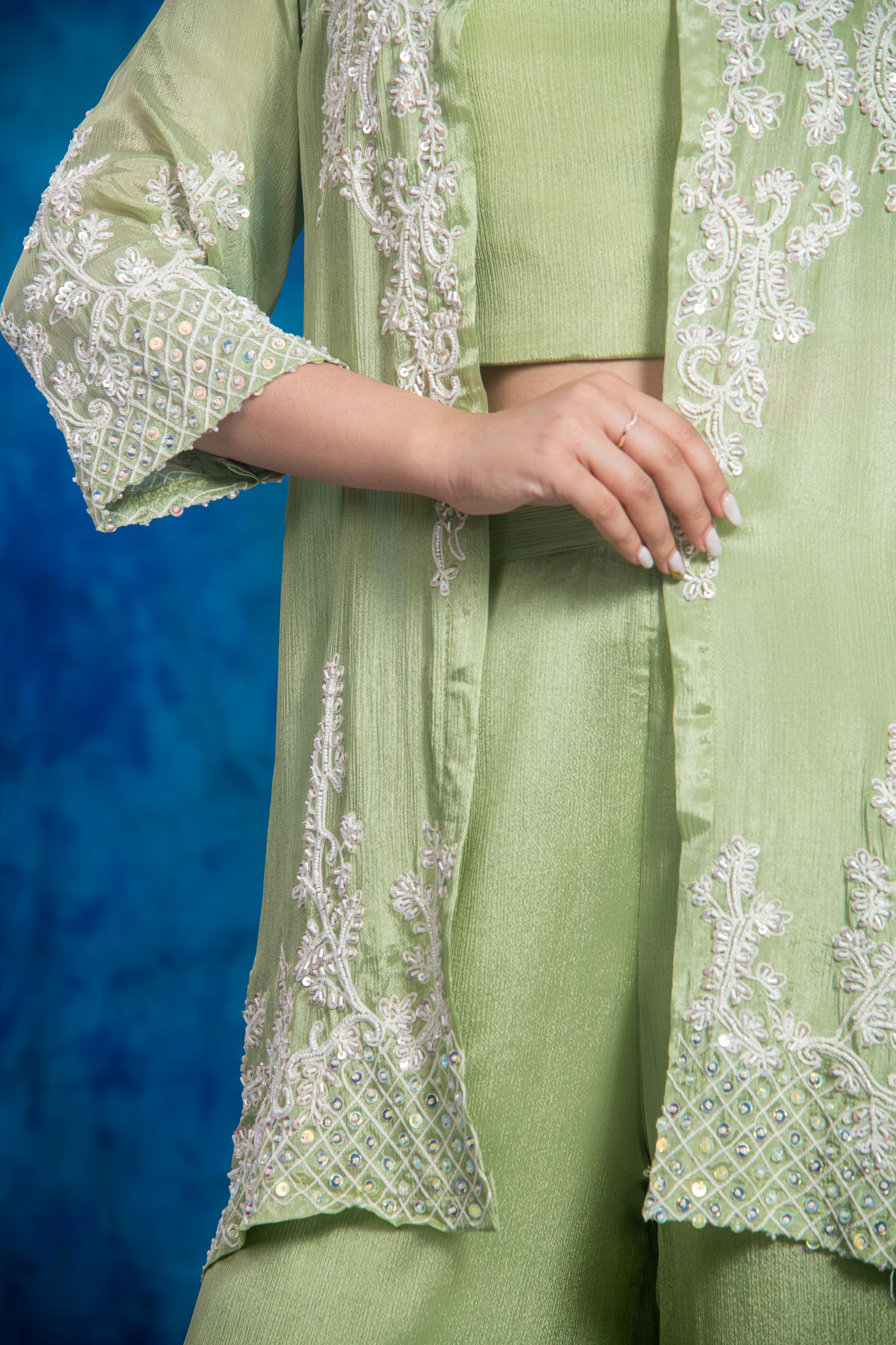 Green Embellished Chinon Silk Palazzo Set