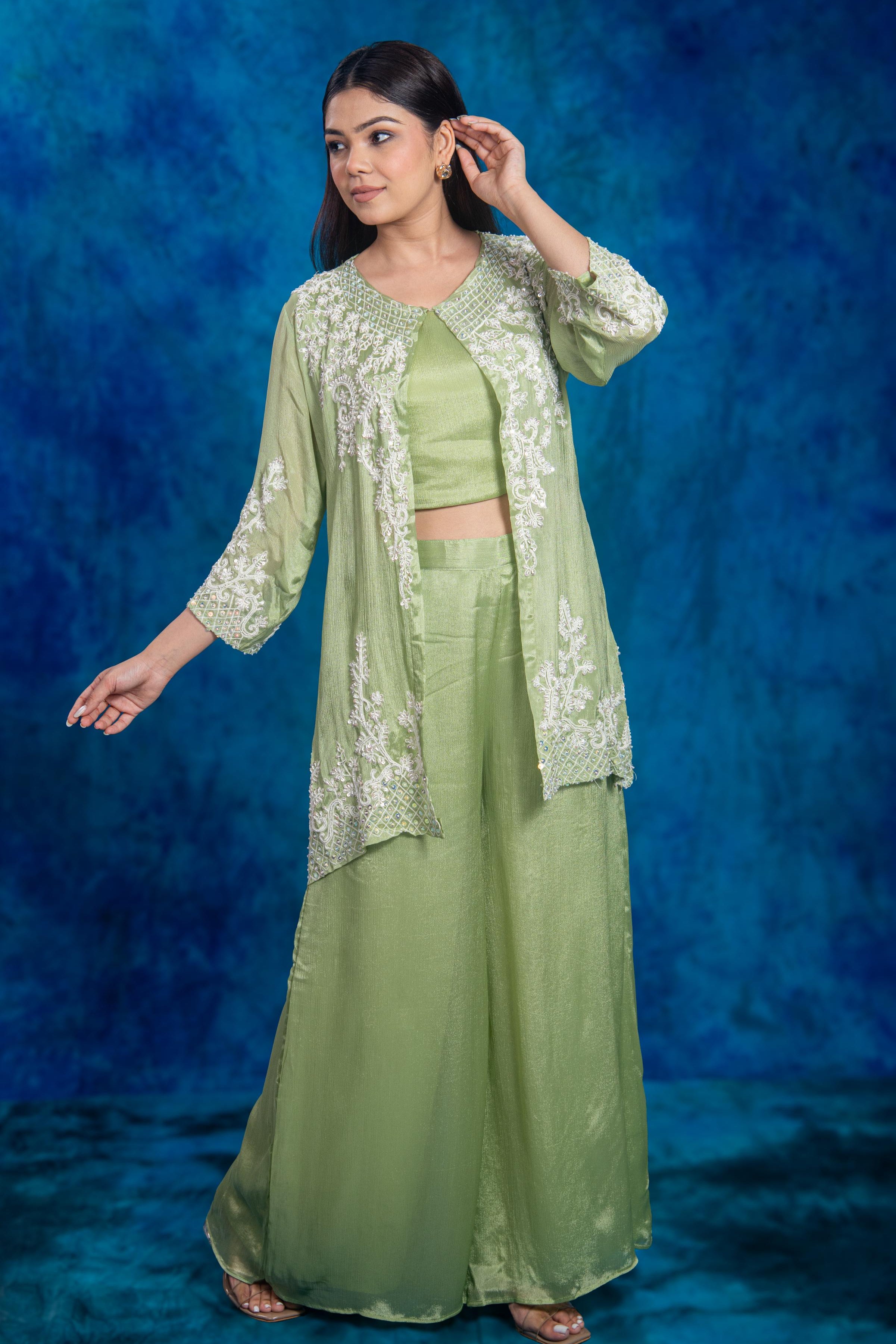 Green Embellished Chinon Silk Palazzo Set