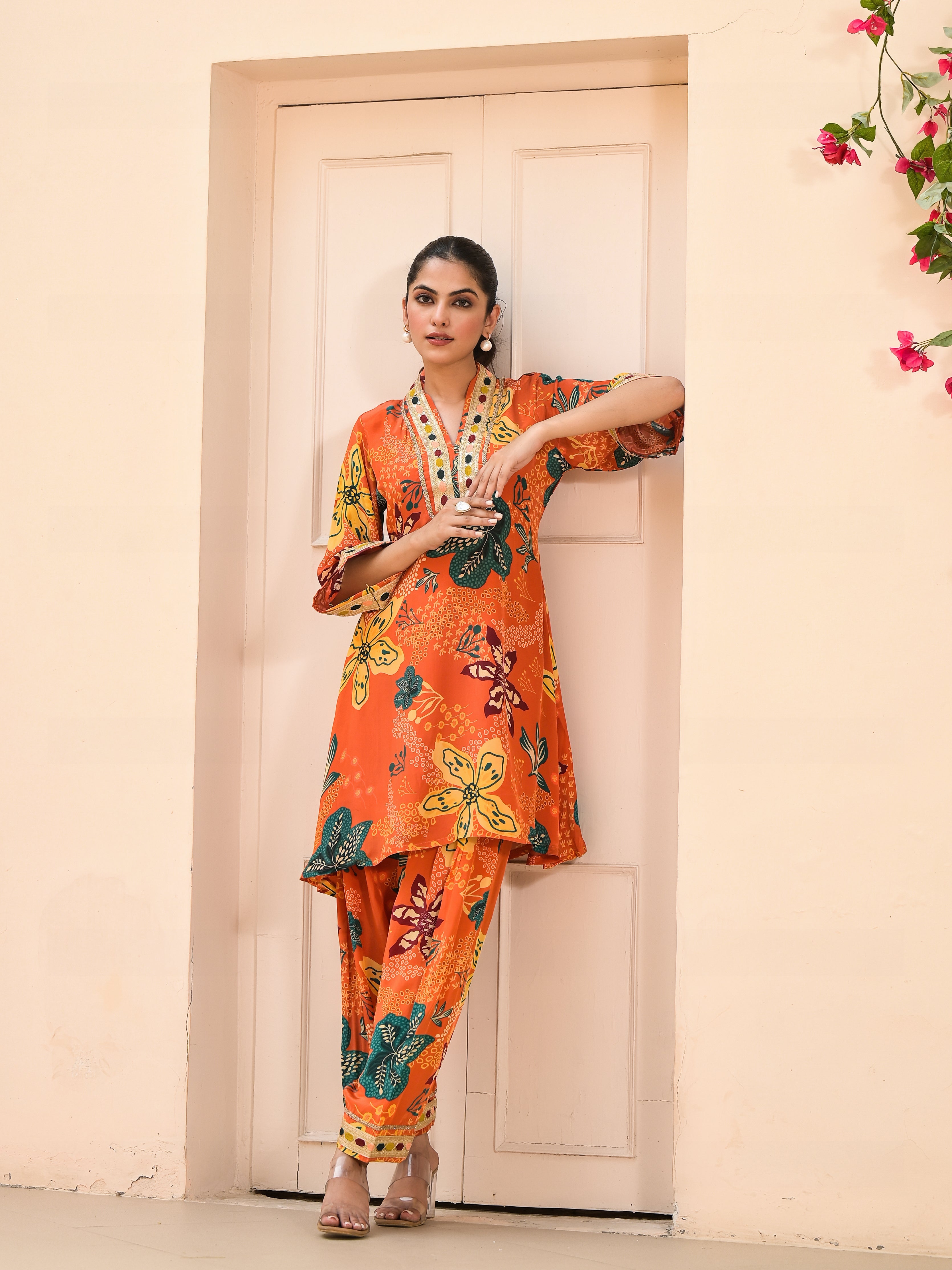 Orange Floral & Embellished Tunic with Tulip Pants