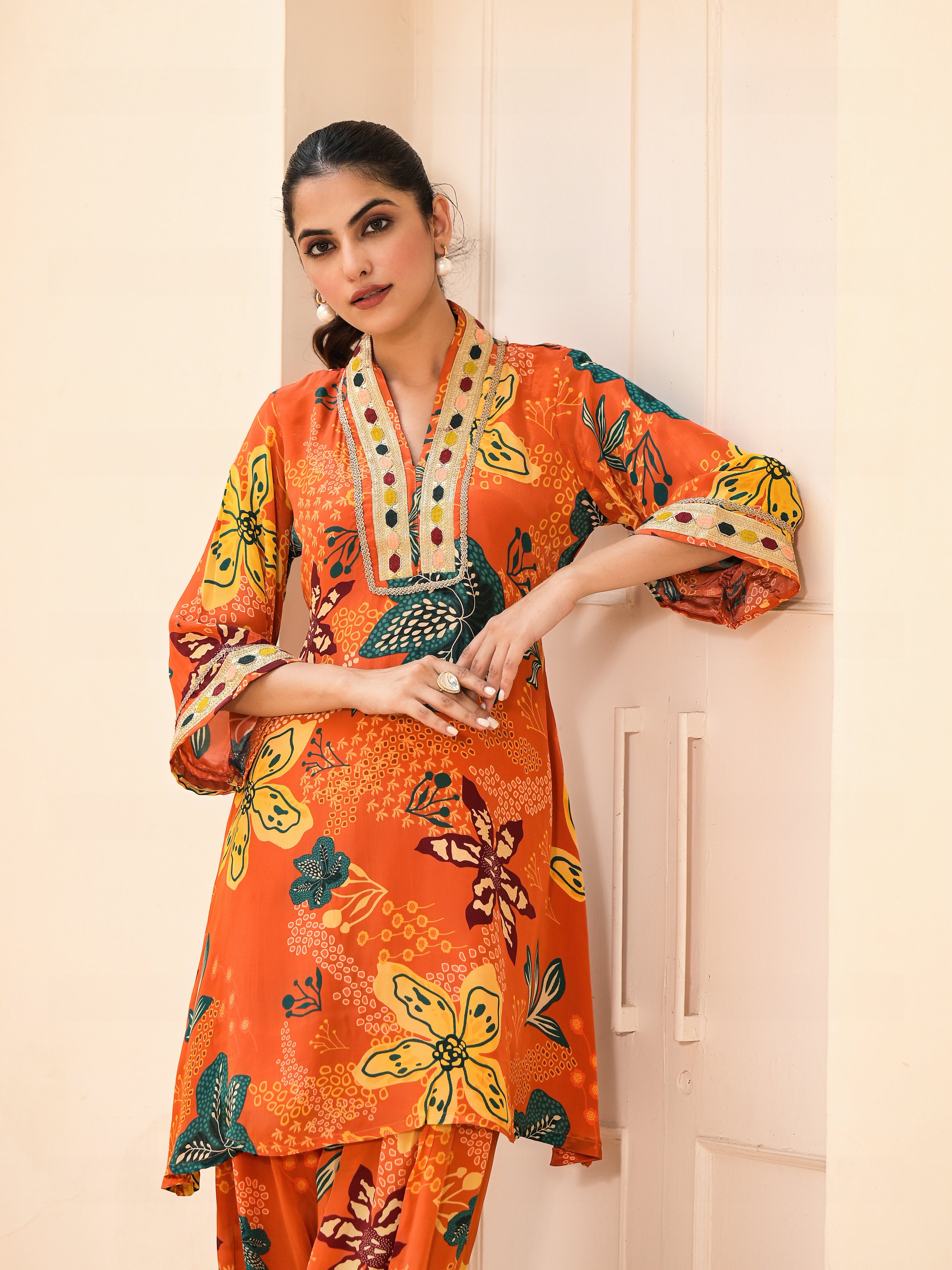 Orange Floral & Embellished Tunic with Tulip Pants