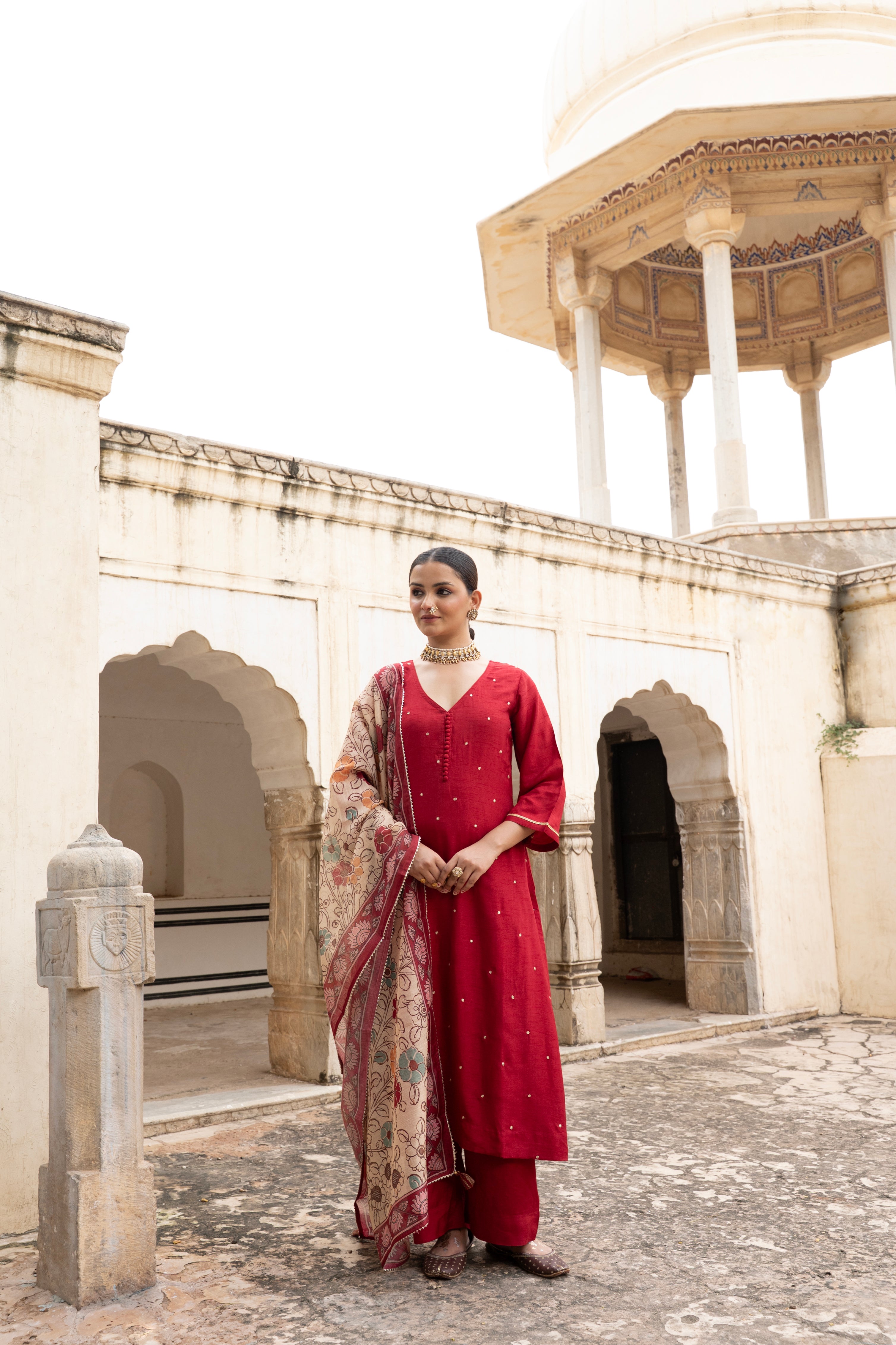 Maroon Embellished Dola Silk Pant Set