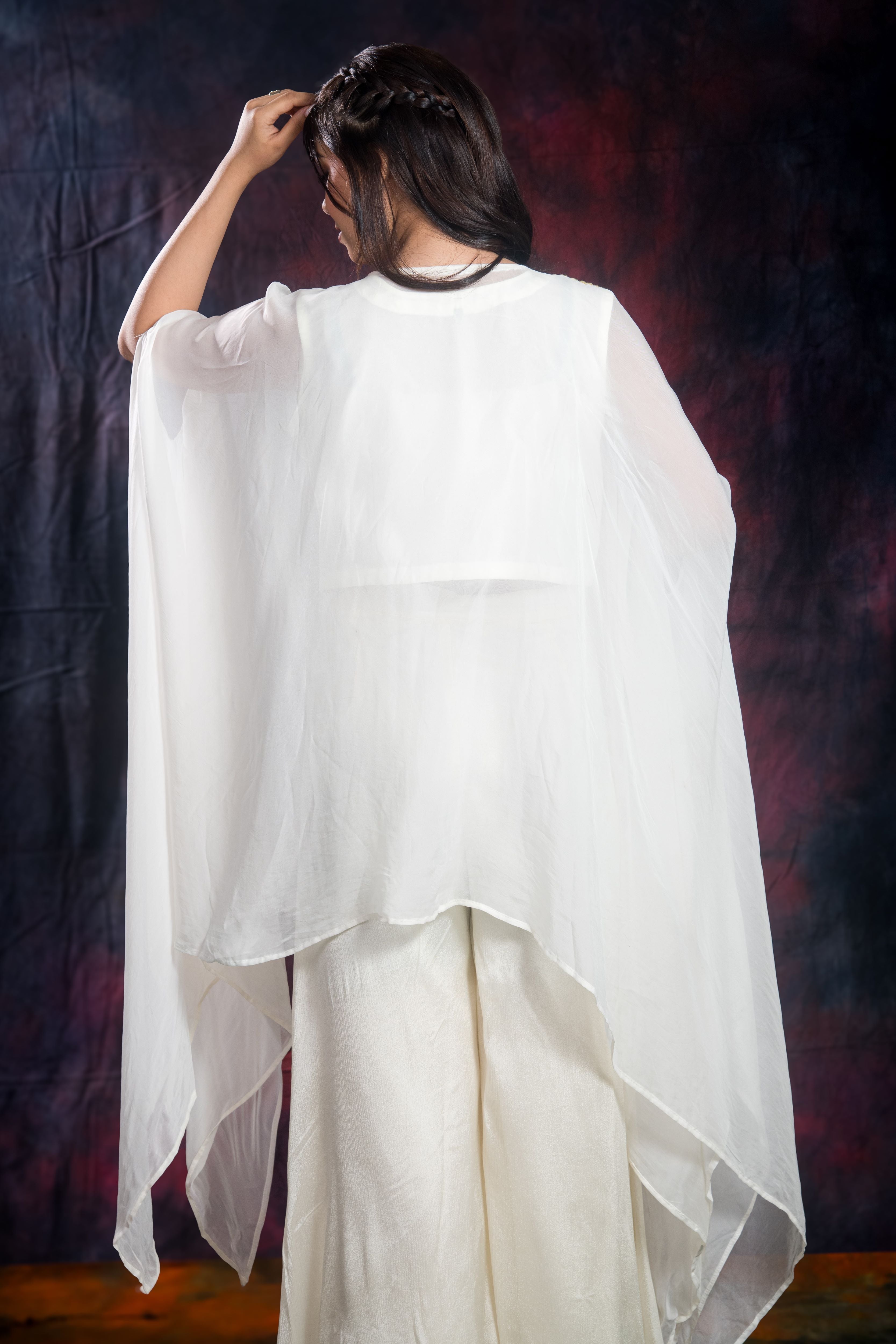 Ivory Embroidered Chinon Silk Kaftan Set